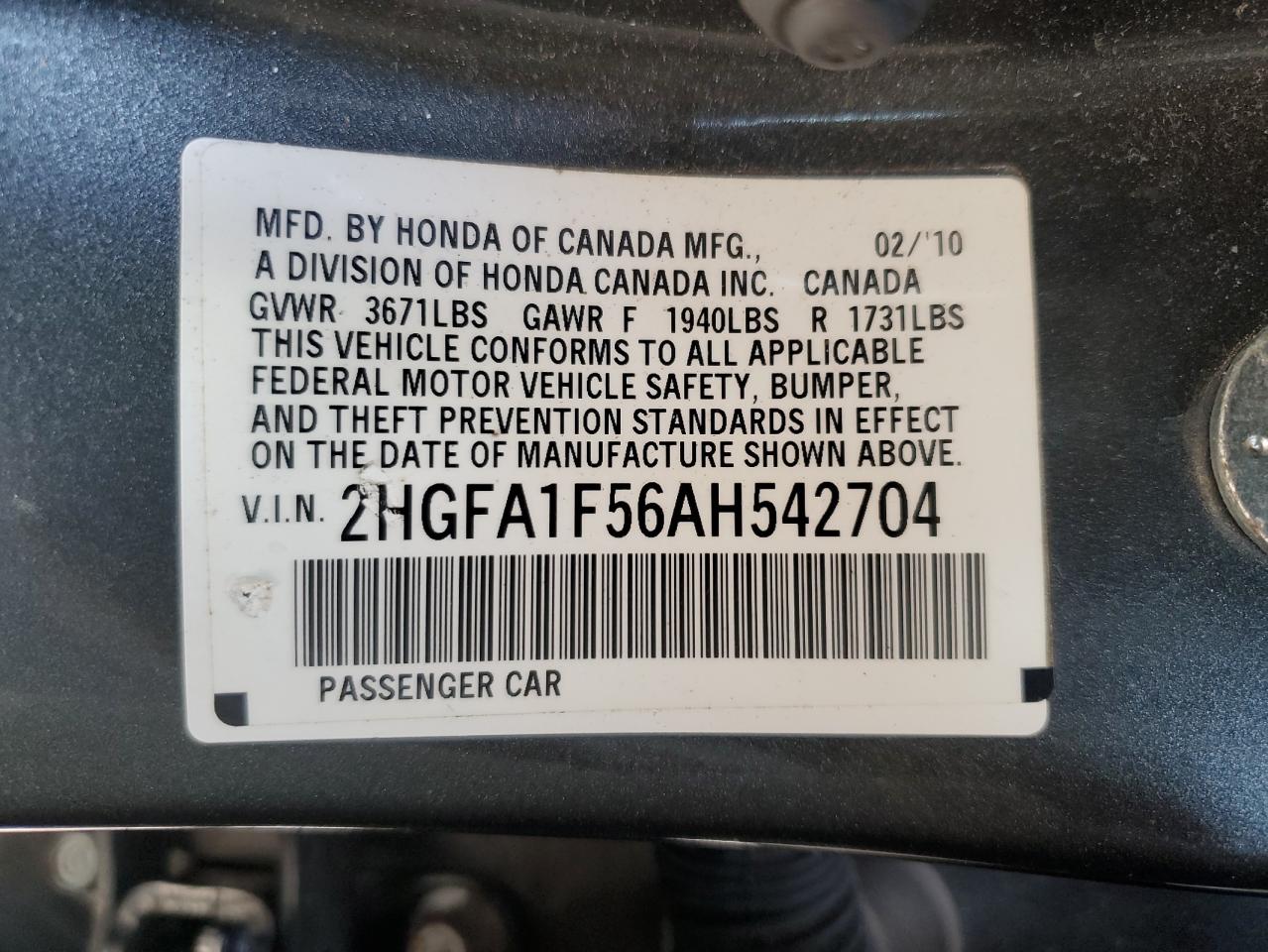 2010 Honda Civic Lx VIN: 2HGFA1F56AH542704 Lot: 68480324