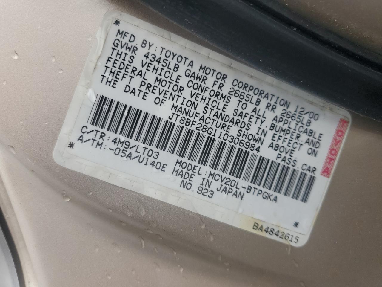 2001 Lexus Es 300 VIN: JT8BF28G110306984 Lot: 65829004