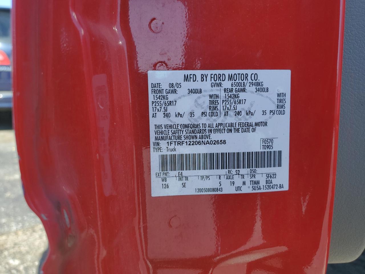 2006 Ford F150 VIN: 1FTRF12206NA02658 Lot: 67864214