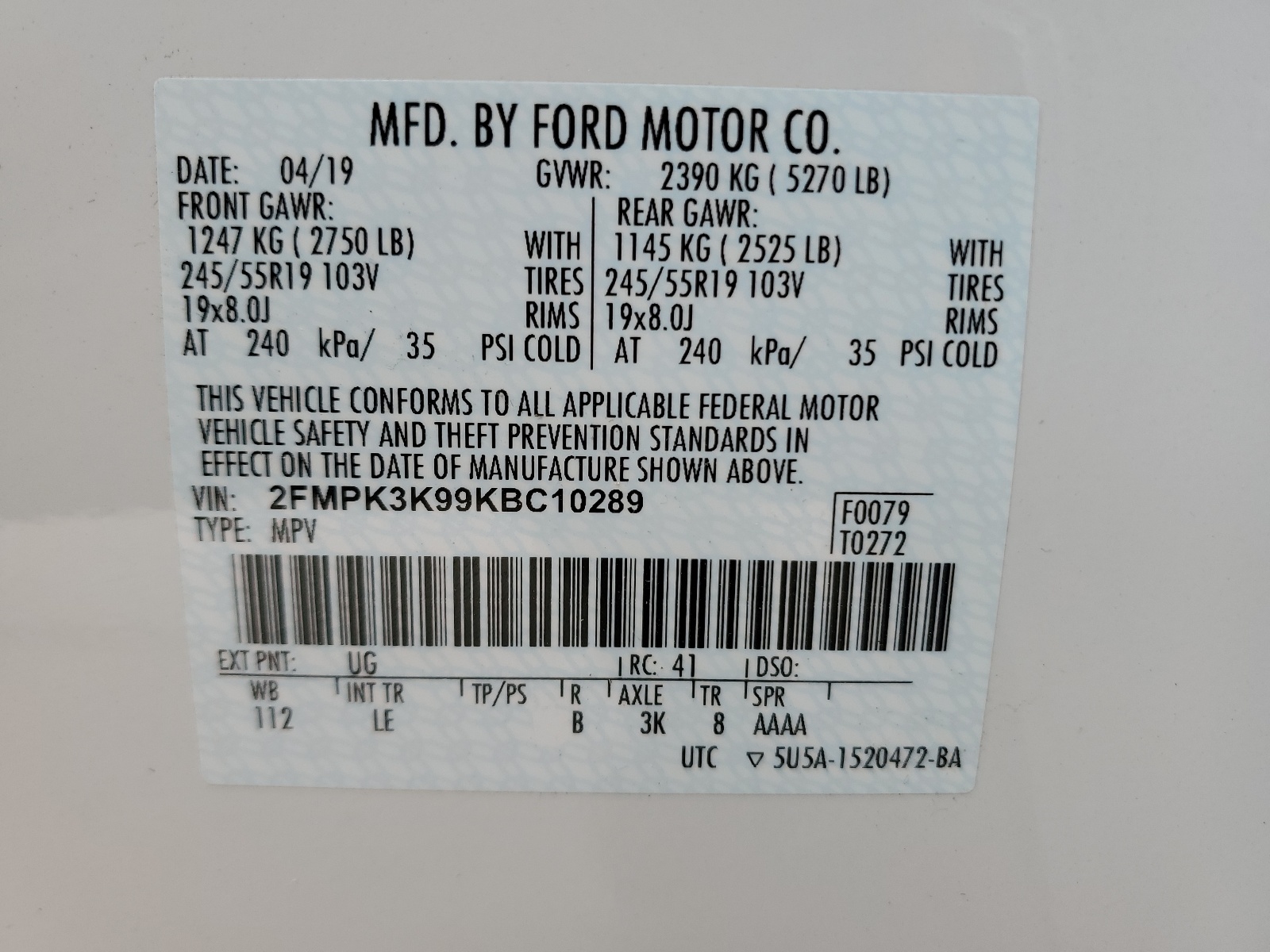 2FMPK3K99KBC10289 2019 Ford Edge Titanium