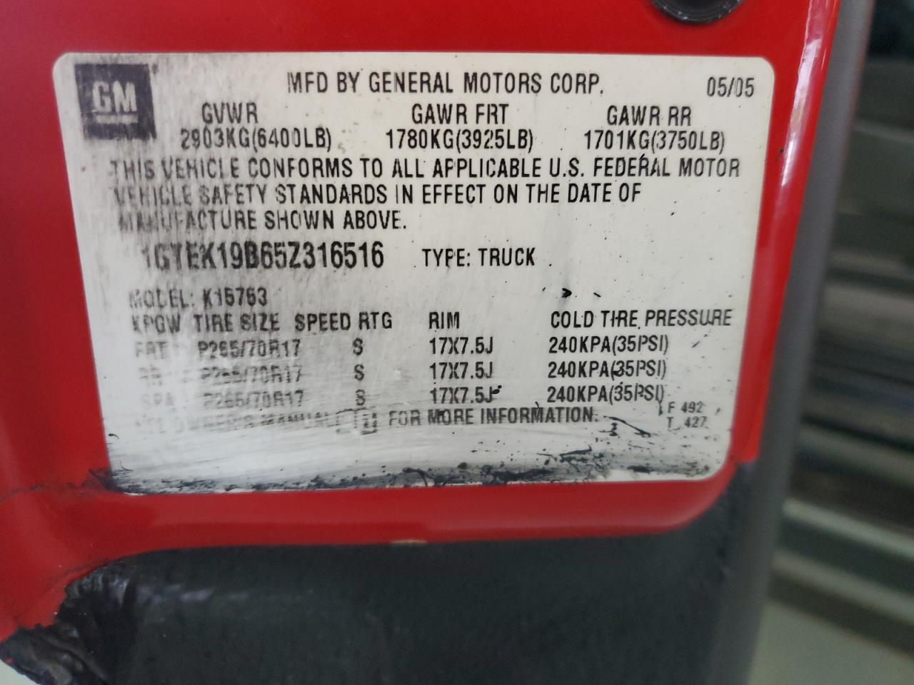 2005 GMC New Sierra K1500 VIN: 1GTEK19B65Z316516 Lot: 68621114