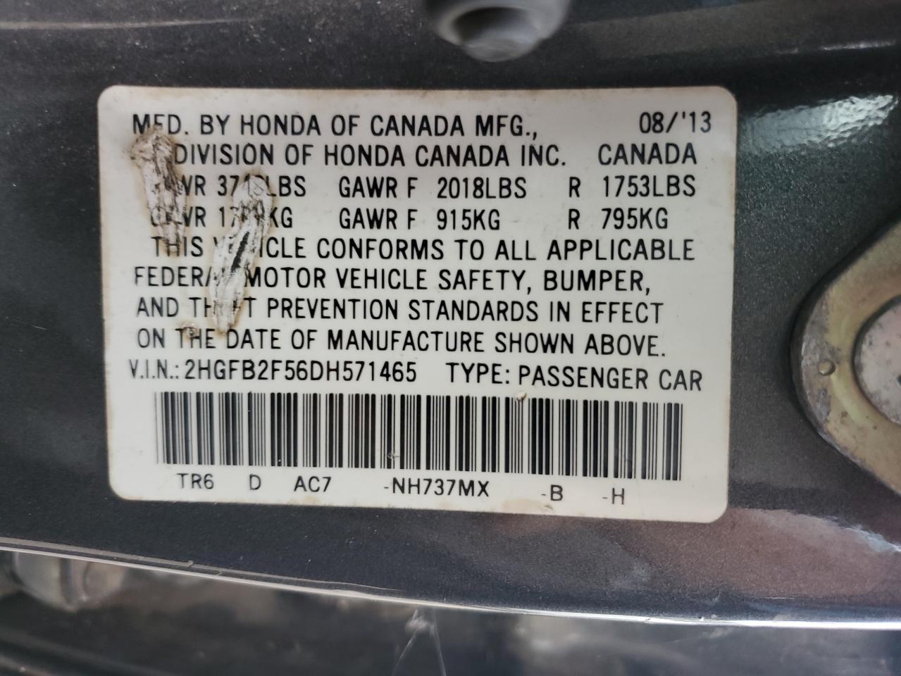 2HGFB2F56DH571465 2013 Honda Civic Lx