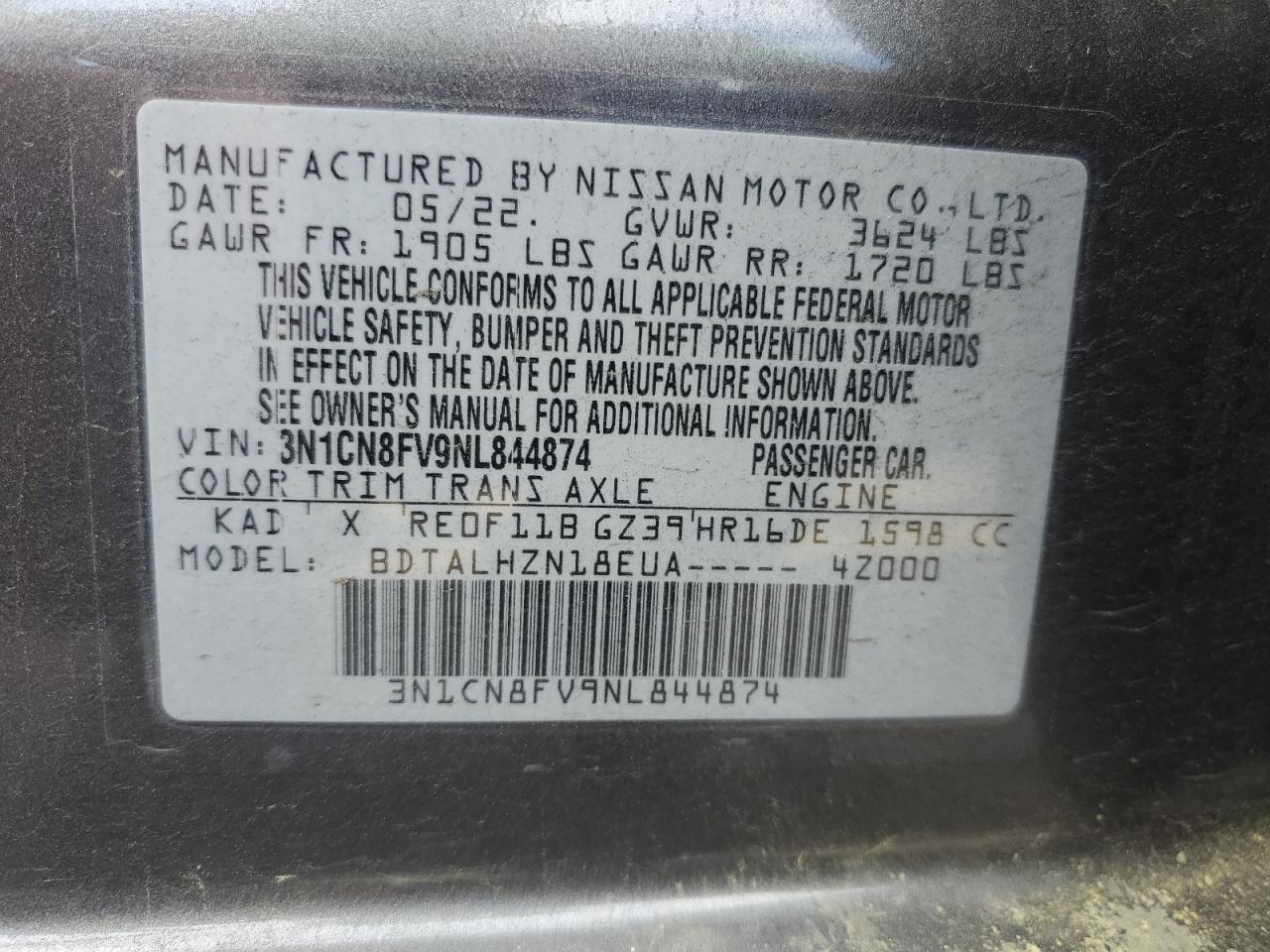 3N1CN8FV9NL844874 2022 Nissan Versa Sr