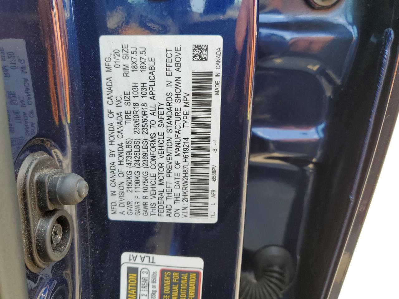 2020 Honda Cr-V Exl VIN: 2HKRW2H87LH619214 Lot: 65188334