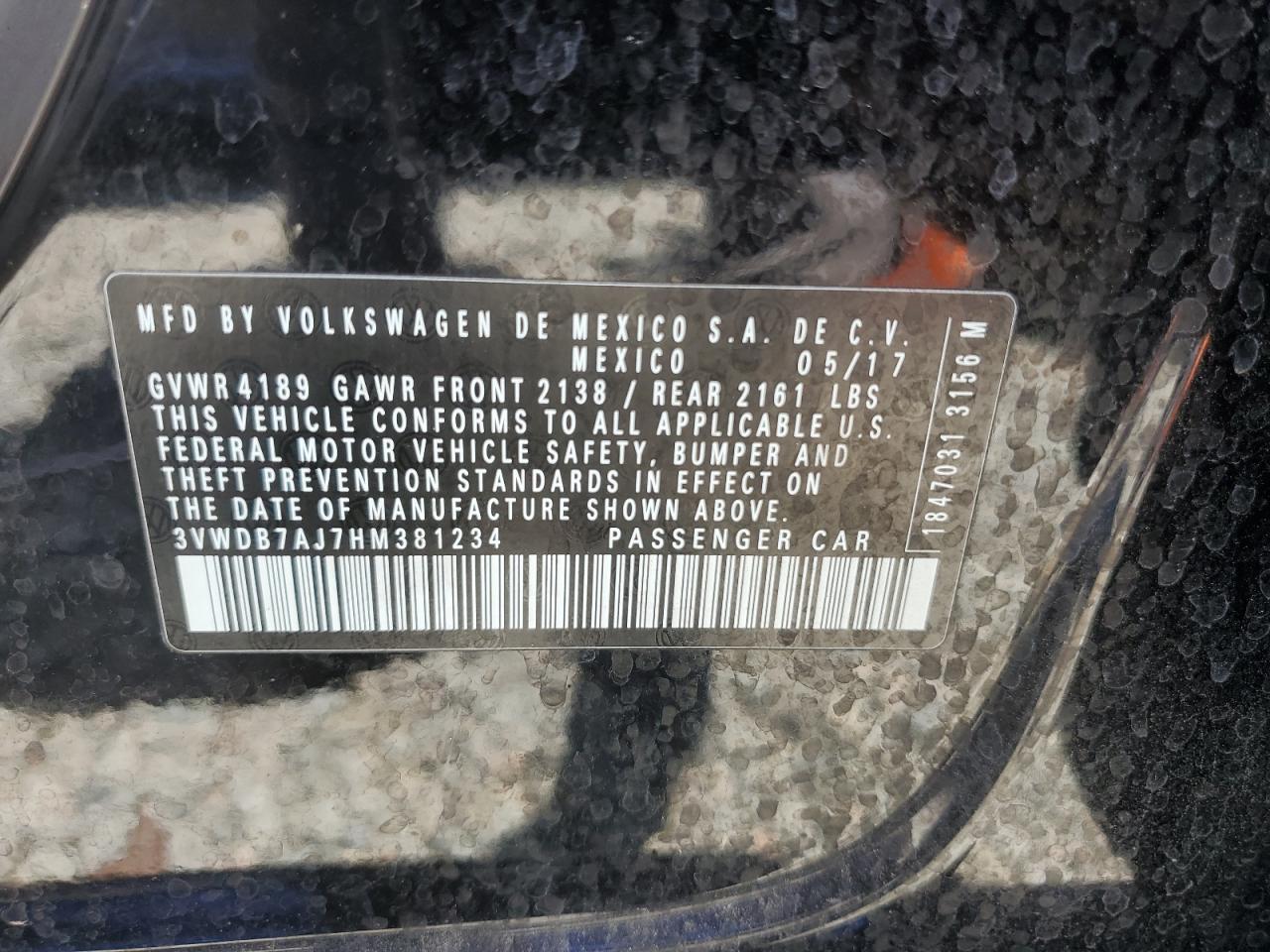 2017 Volkswagen Jetta Se VIN: 3VWDB7AJ7HM381234 Lot: 69279444