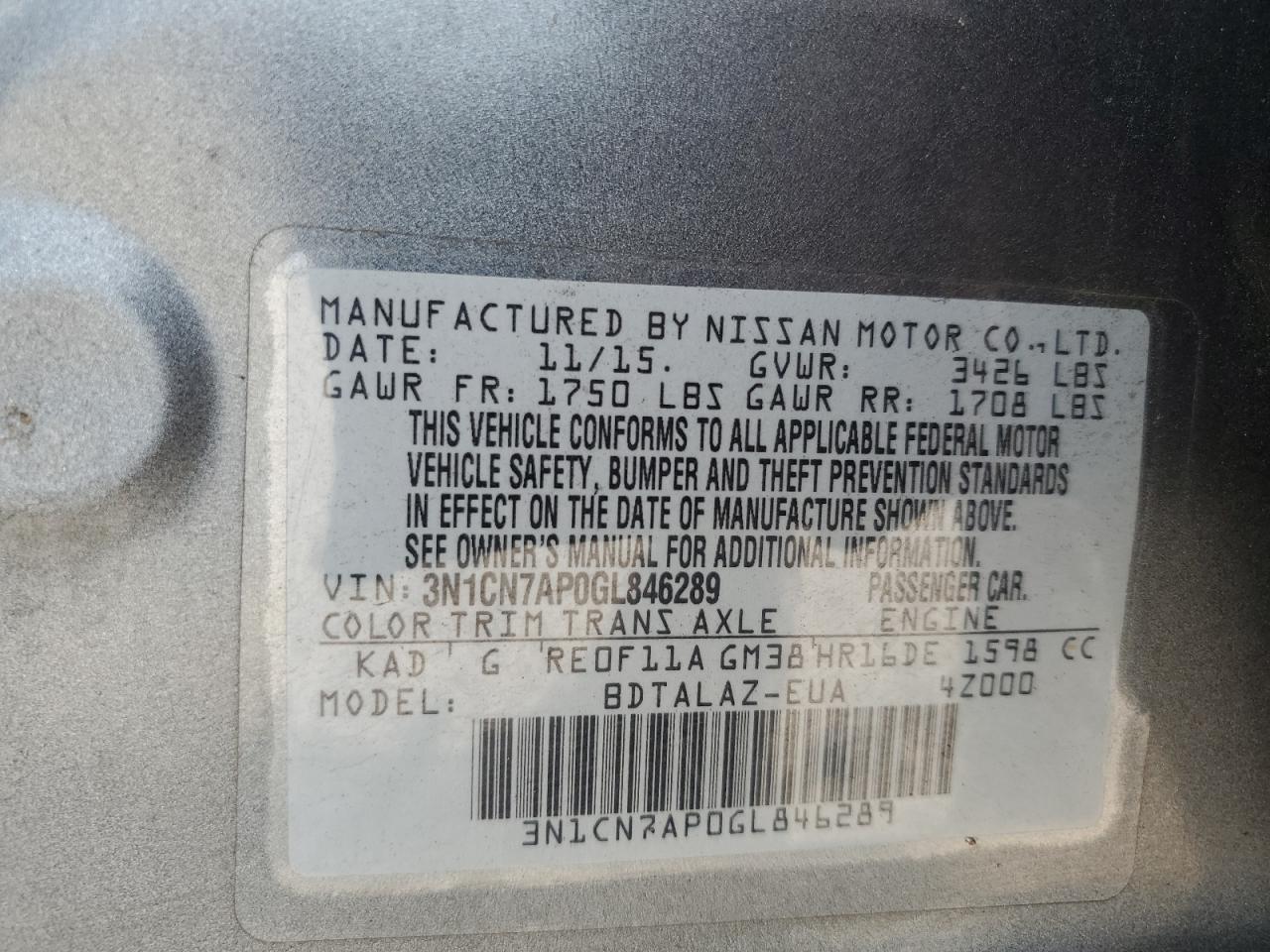 3N1CN7AP0GL846289 2016 Nissan Versa S