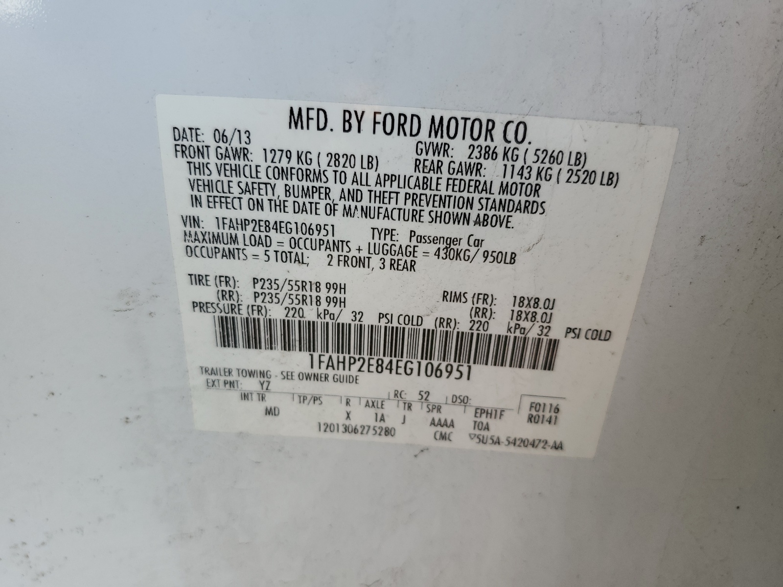 1FAHP2E84EG106951 2014 Ford Taurus Sel