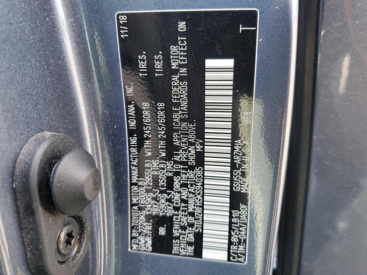 2019 Toyota Highlander Se VIN: 5TDJZRFH5KS940385 Lot: 66631624