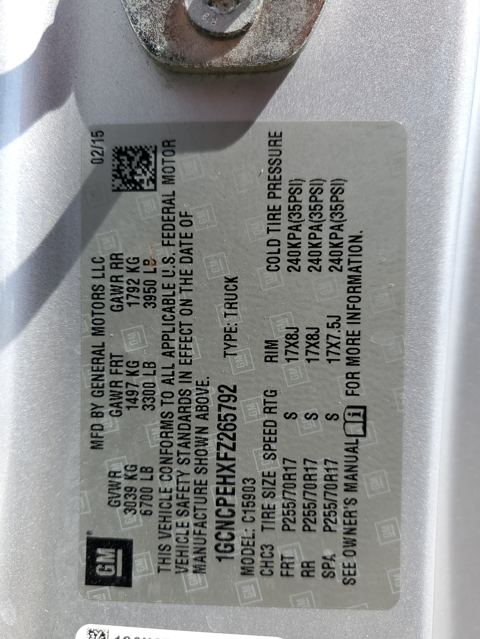 1GCNCPEHXFZ265792 2015 Chevrolet Silverado C1500