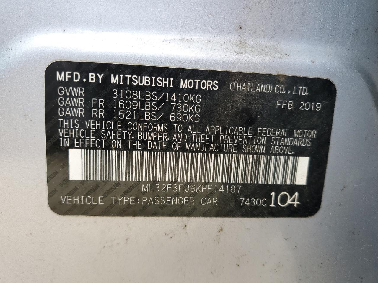 2019 Mitsubishi Mirage G4 Es VIN: ML32F3FJ9KHF14187 Lot: 66356044