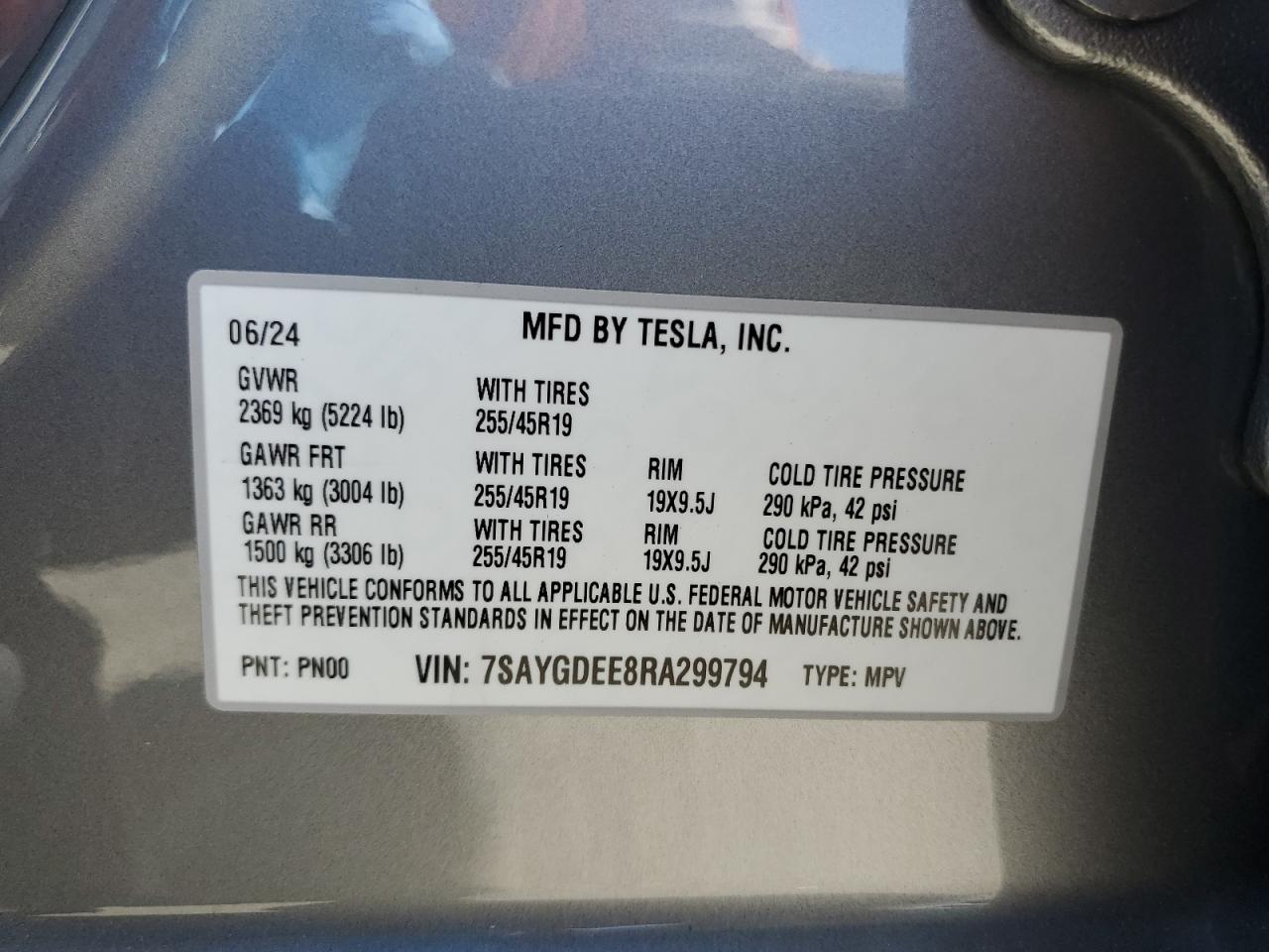 2024 Tesla Model Y VIN: 7SAYGDEE8RA299794 Lot: 69264374