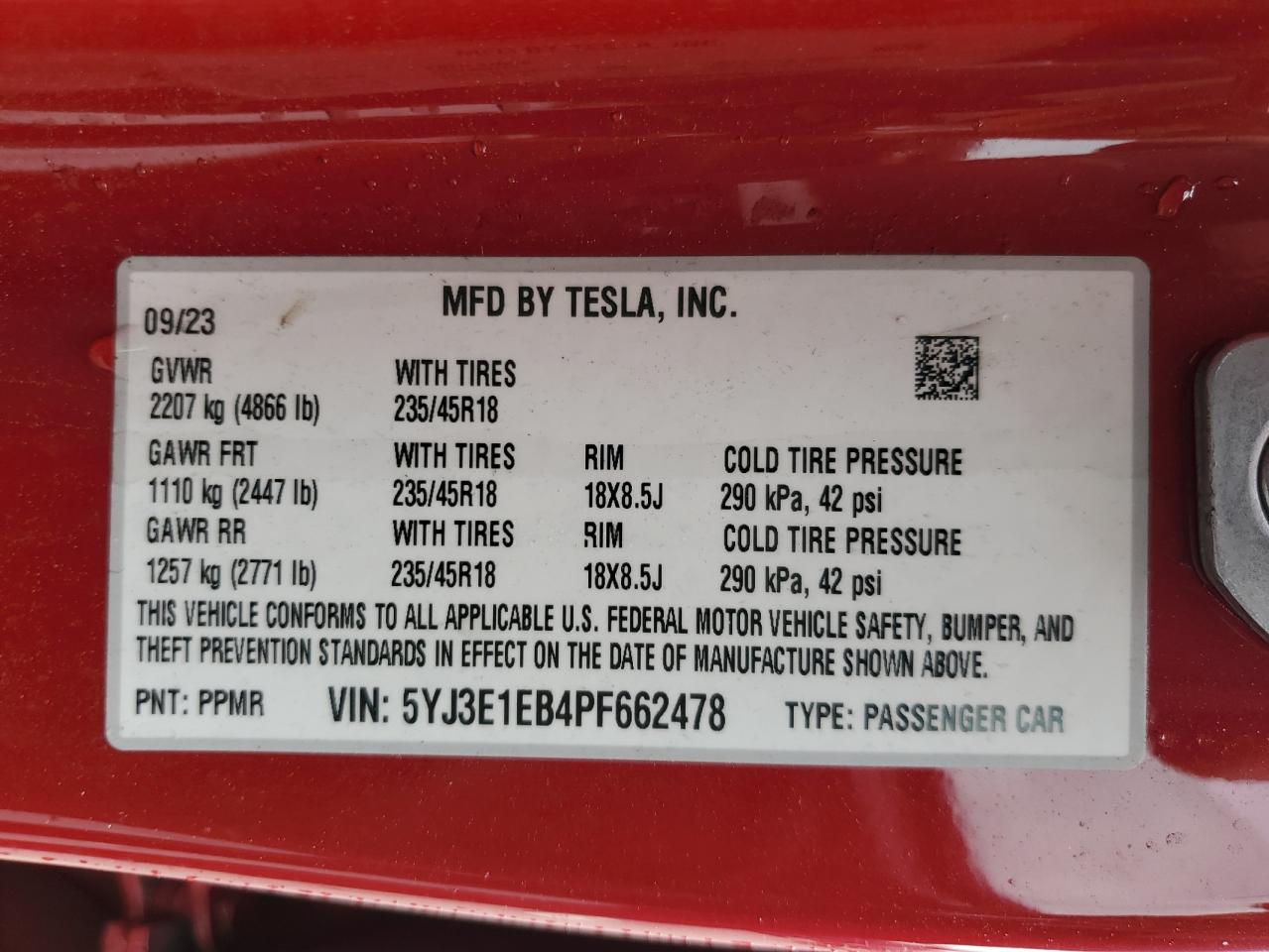 5YJ3E1EB4PF662478 2023 Tesla Model 3