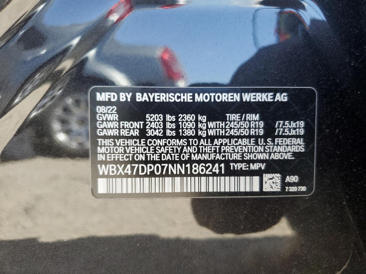 2022 BMW X3 Sdrive30I VIN: WBX47DP07NN186241 Lot: 64623204