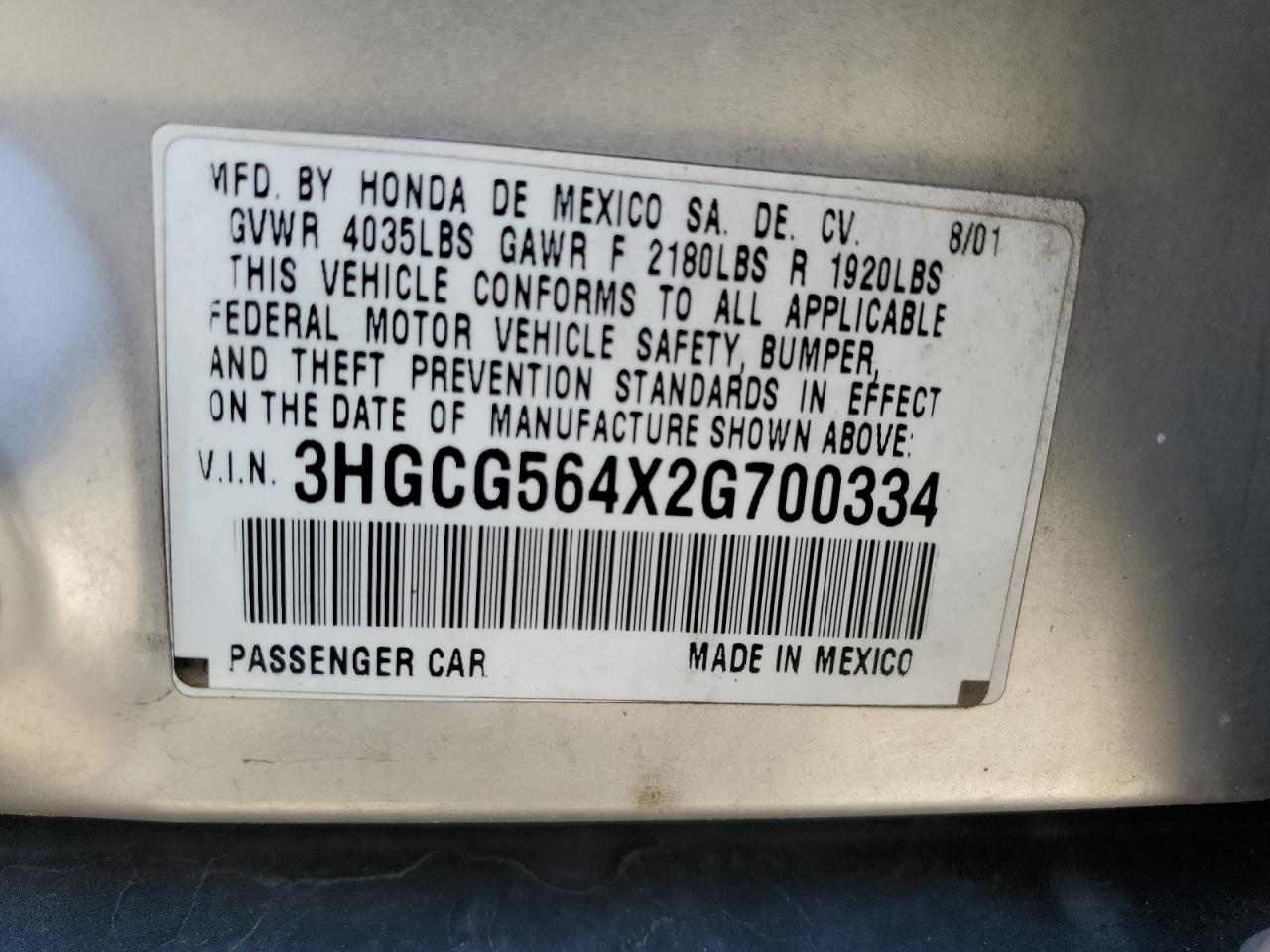 3HGCG564X2G700334 2002 Honda Accord Lx