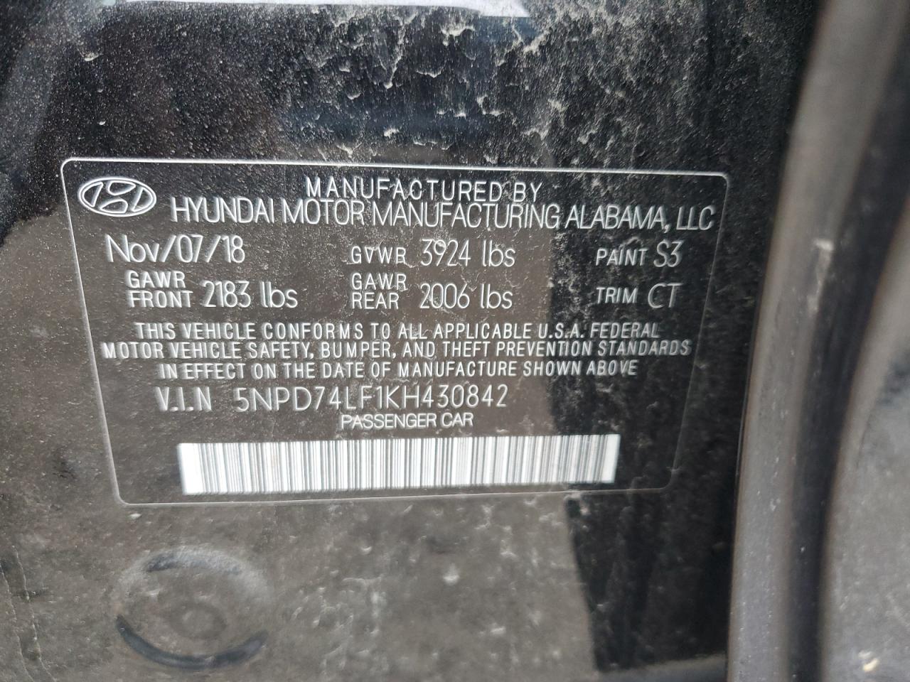 5NPD74LF1KH430842 2019 Hyundai Elantra Se