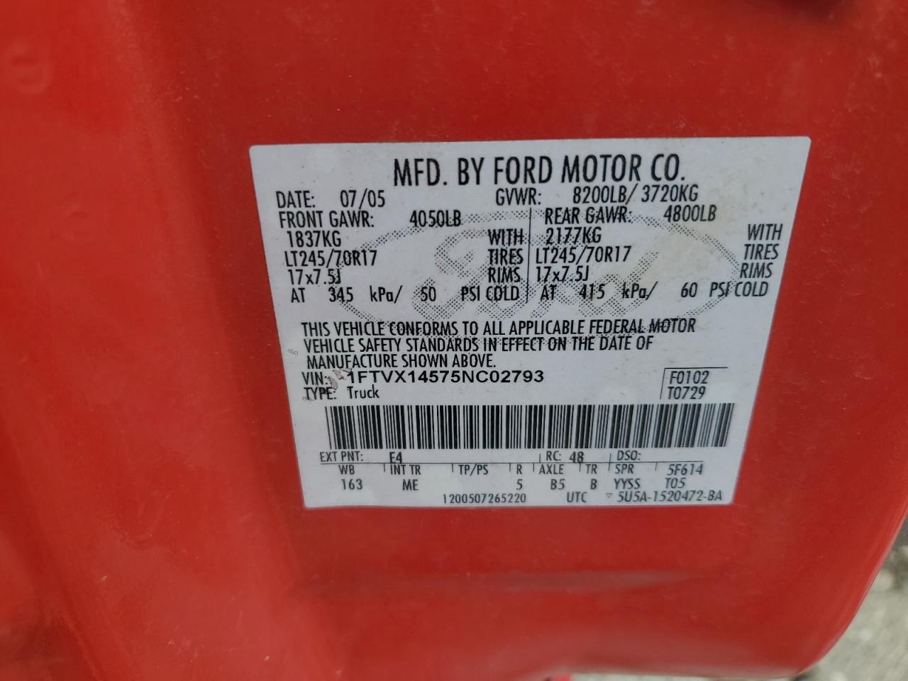 2005 Ford F150 VIN: 1FTVX14575NC02793 Lot: 66286174