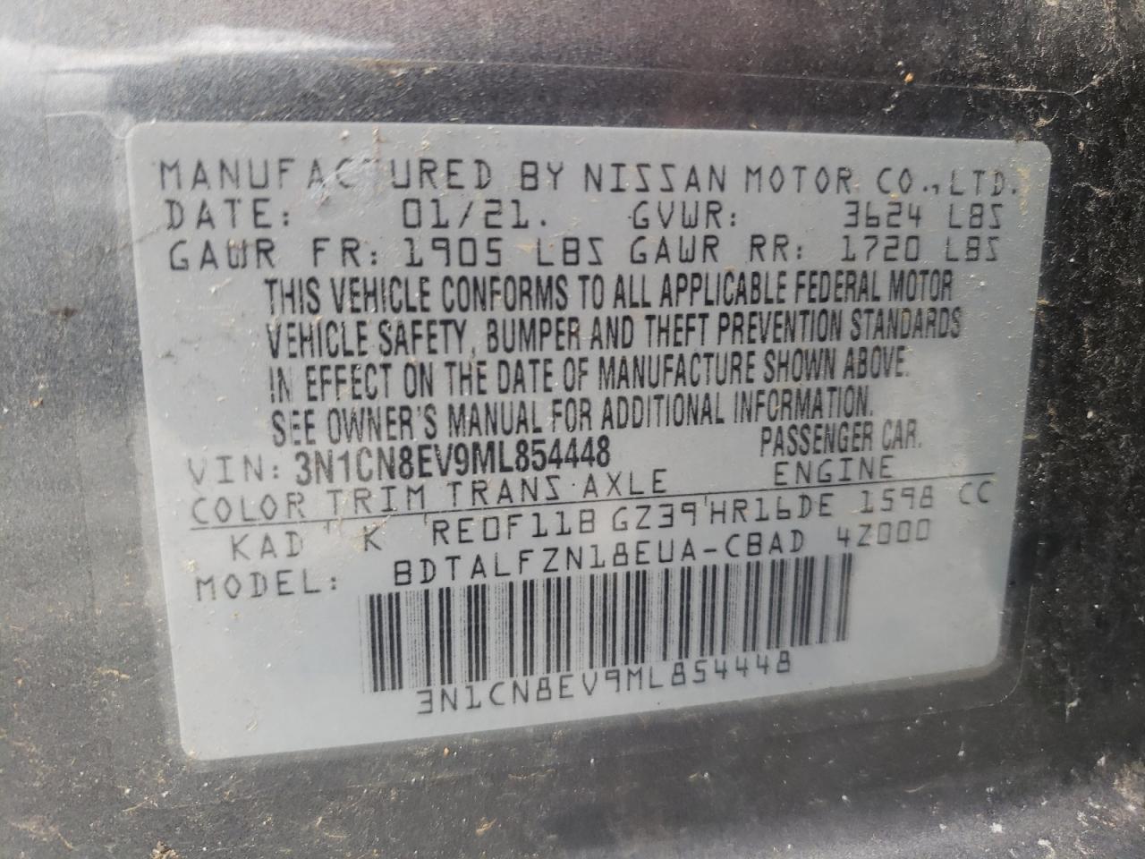 2021 Nissan Versa Sv VIN: 3N1CN8EV9ML854448 Lot: 67384244