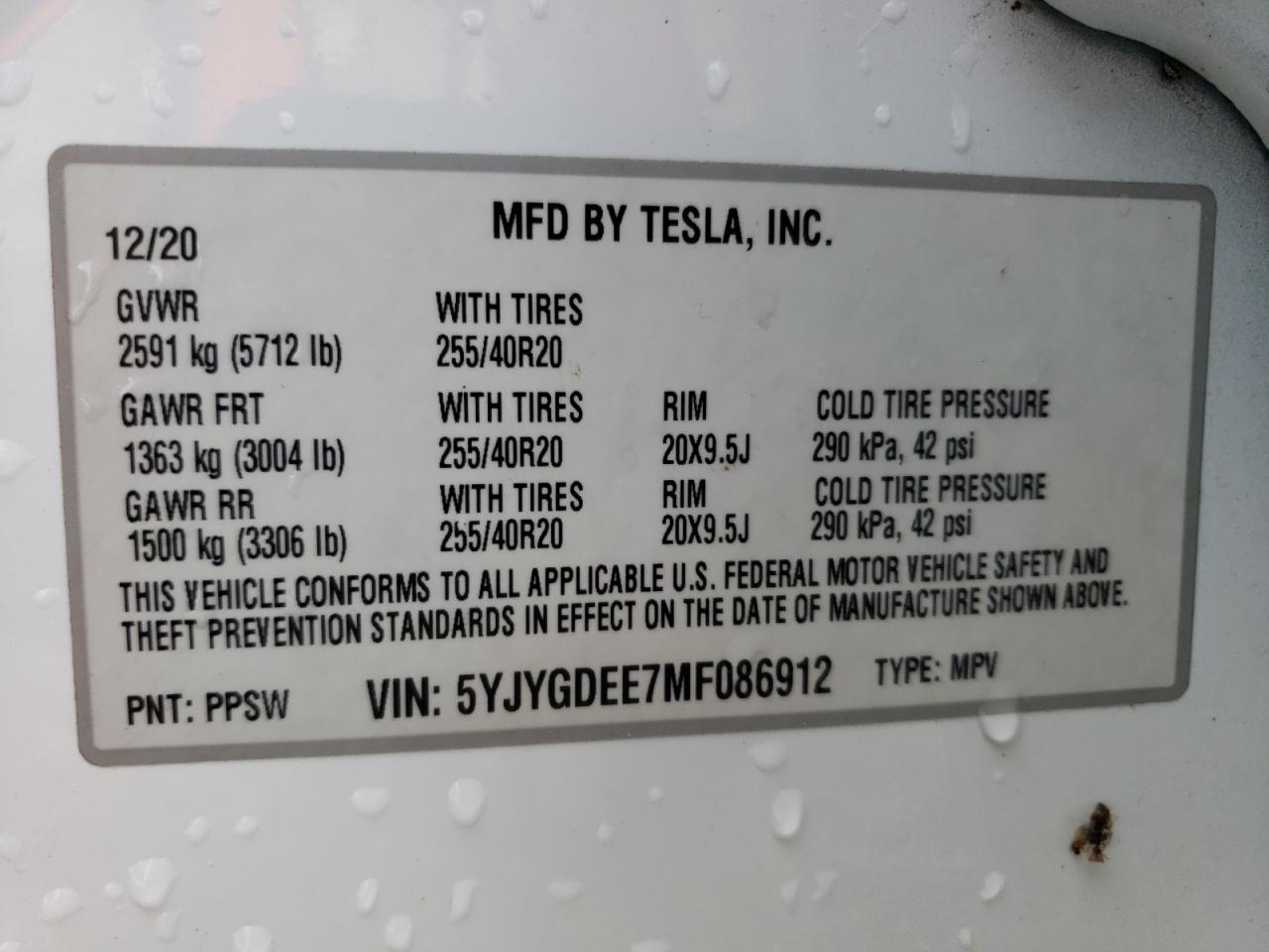 2021 Tesla Model Y VIN: 5YJYGDEE7MF086912 Lot: 65421404