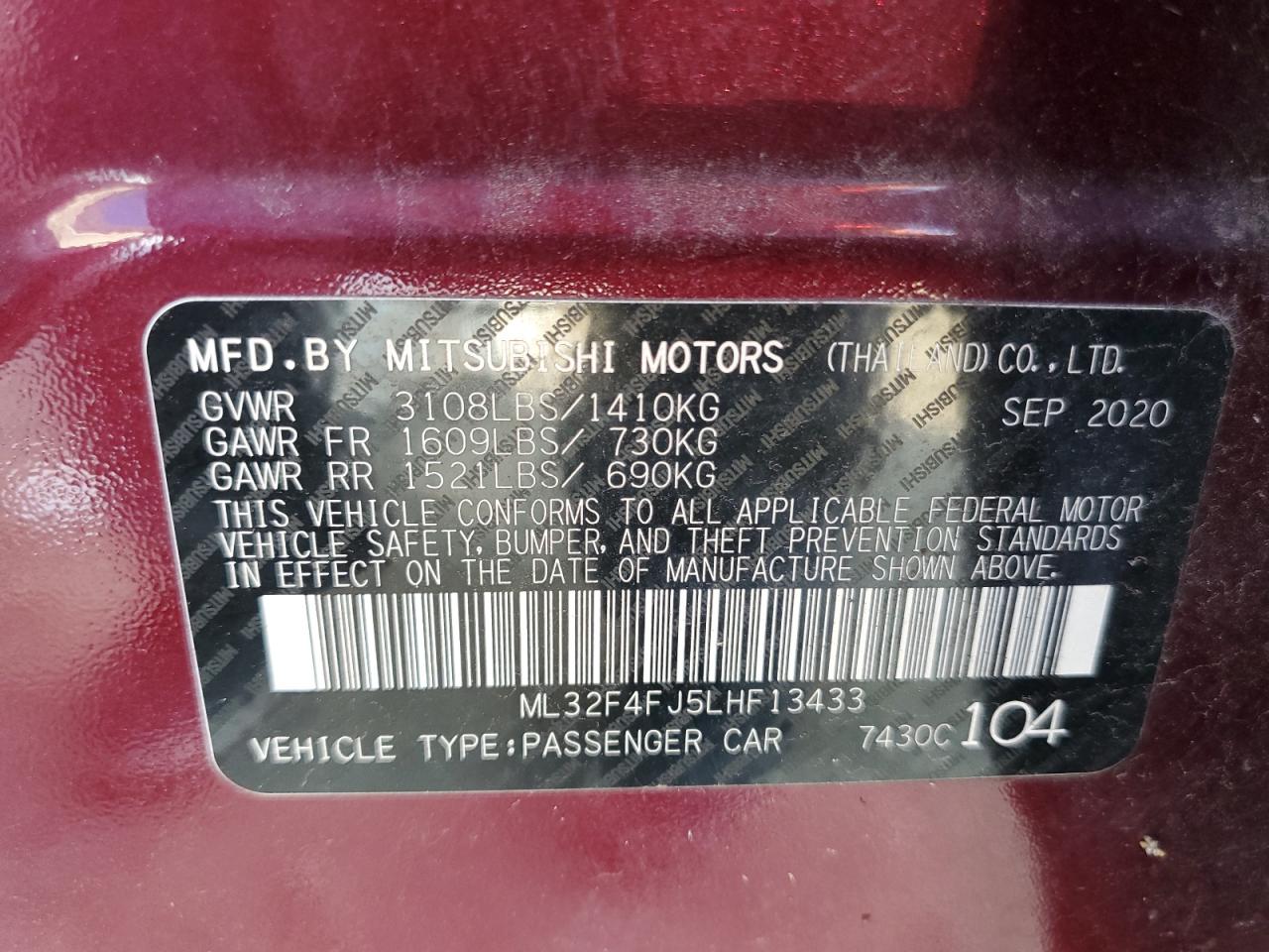 ML32F4FJ5LHF13433 2020 Mitsubishi Mirage G4 Se