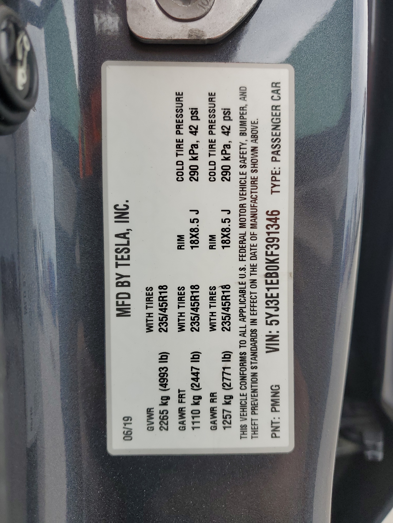 5YJ3E1EB0KF391346 2019 Tesla Model 3