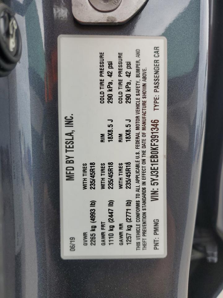 2019 Tesla Model 3 VIN: 5YJ3E1EB0KF391346 Lot: 66933804