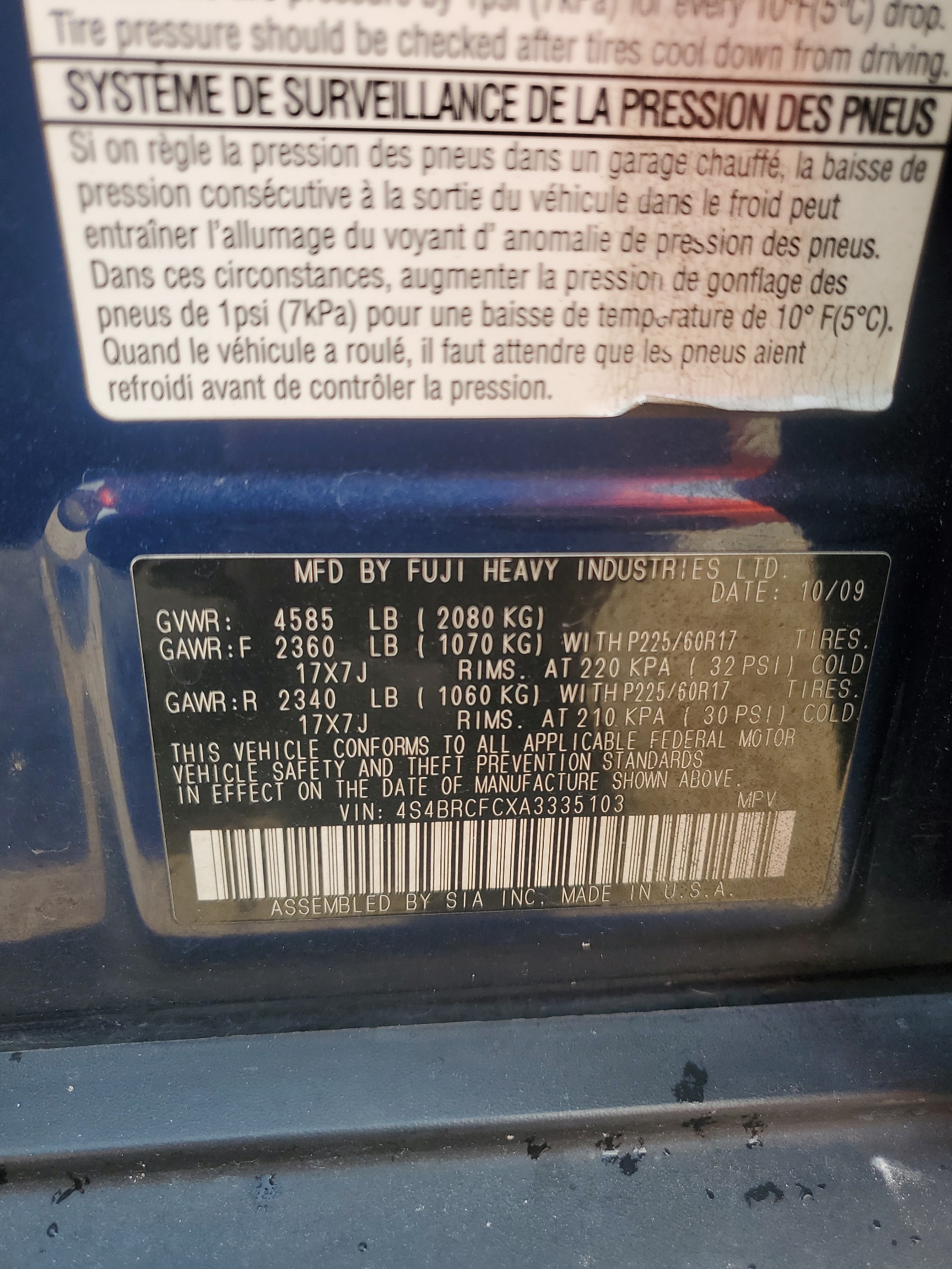 4S4BRCFCXA3335103 2010 Subaru Outback 2.5I Premium