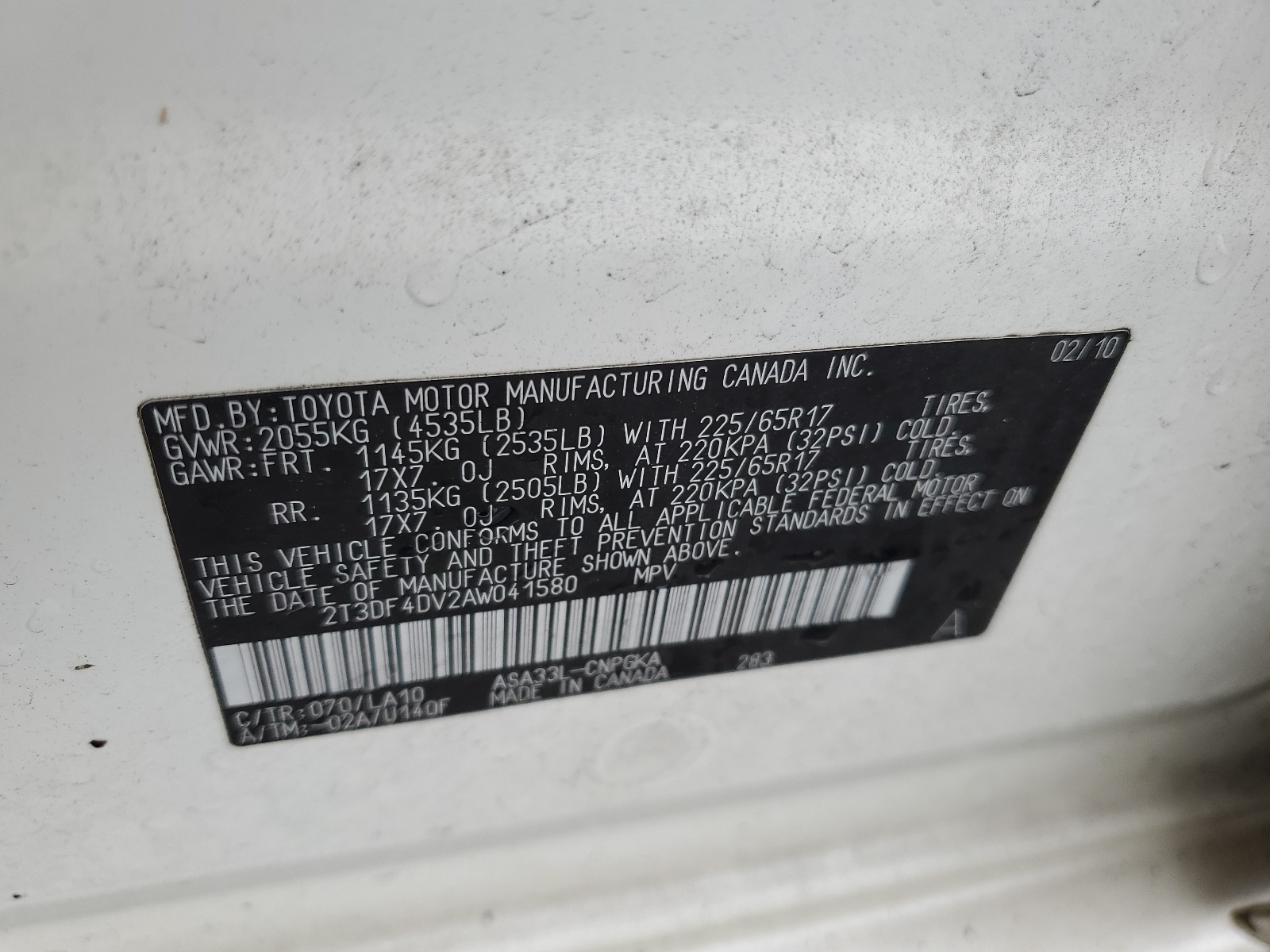 2T3DF4DV2AW041580 2010 Toyota Rav4 Limited