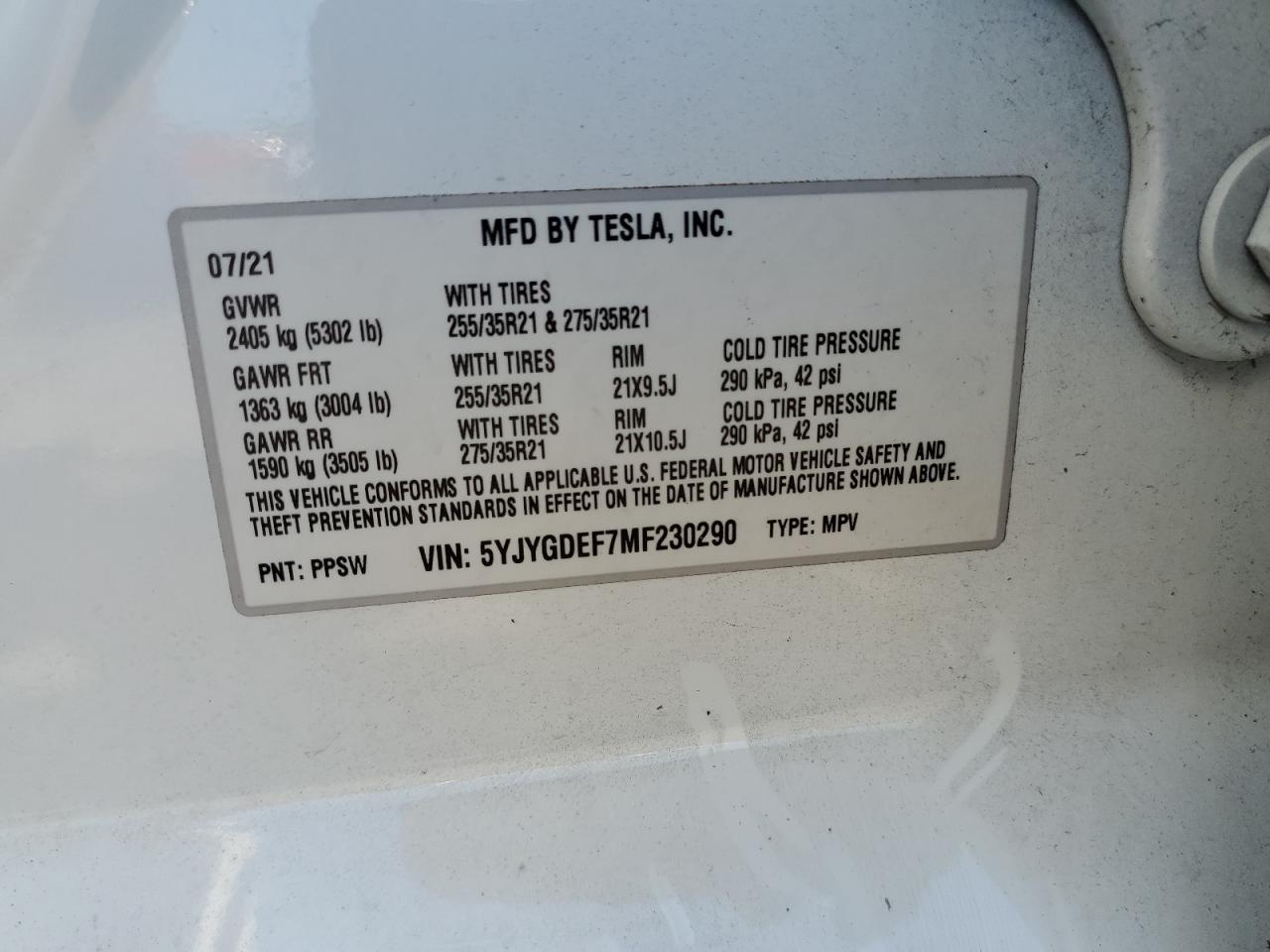 2021 Tesla Model Y VIN: 5YJYGDEF7MF230290 Lot: 68601844