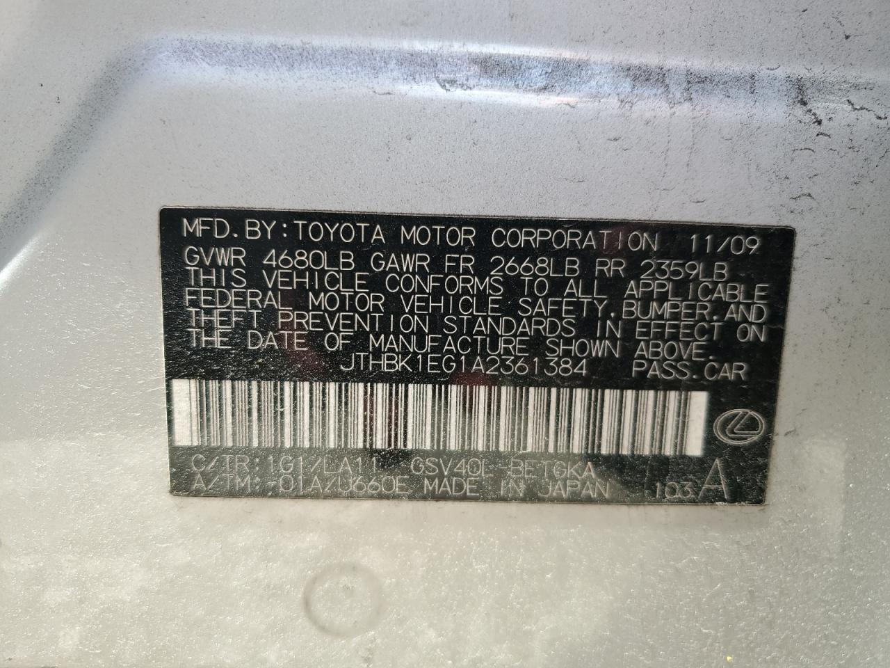 2010 Lexus Es 350 VIN: JTHBK1EG1A2361384 Lot: 67722884