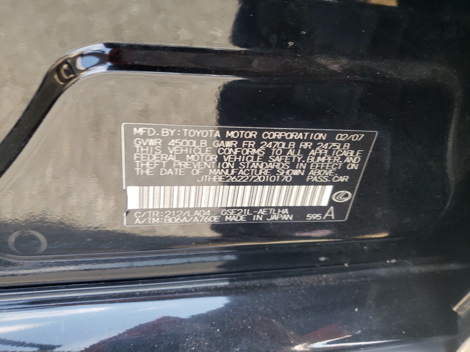 JTHBE262272010170 2007 Lexus Is 350