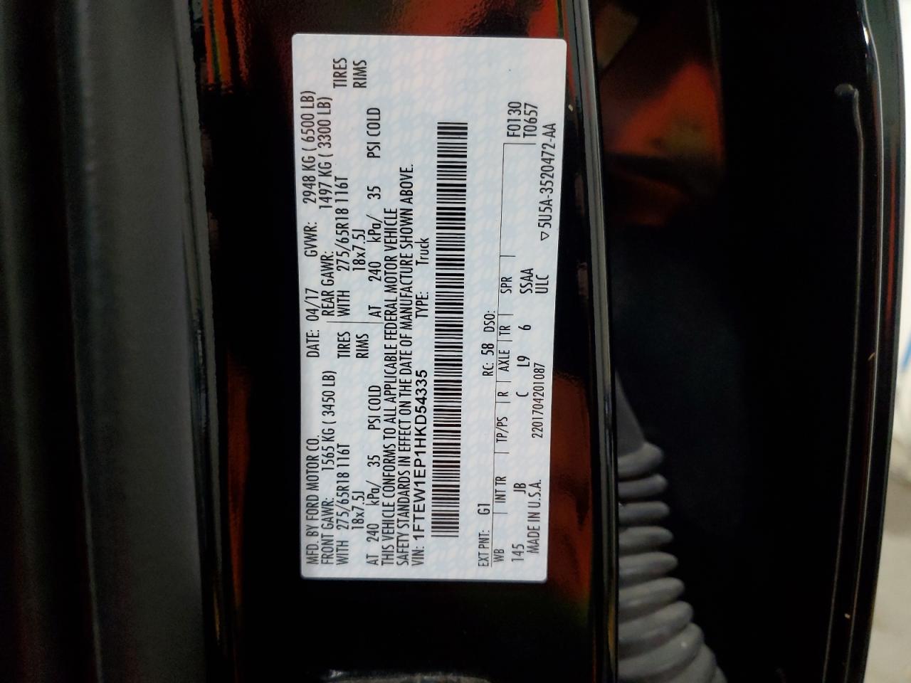 2017 Ford F150 Supercrew VIN: 1FTEW1EP1HKD54335 Lot: 68354254