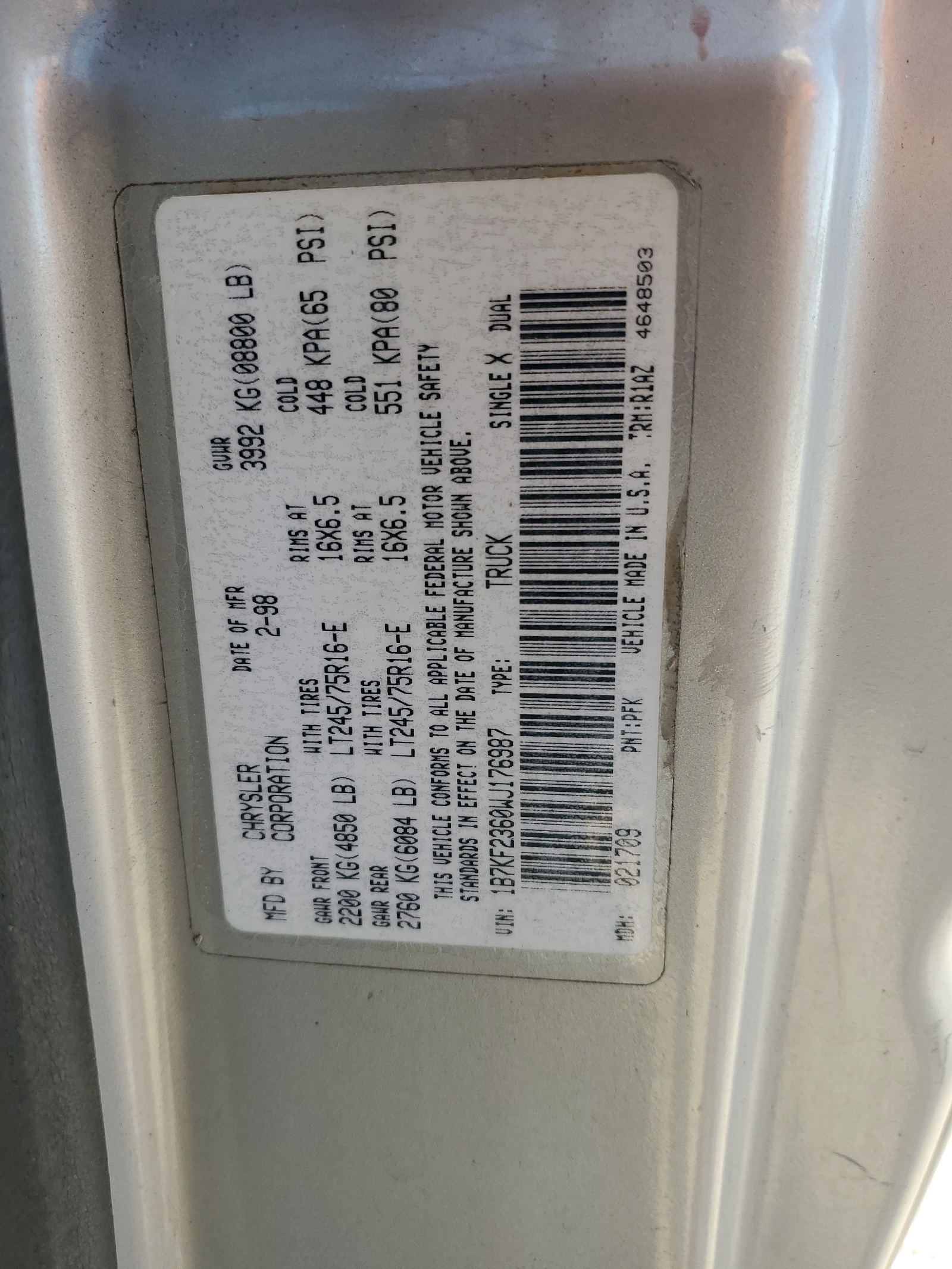 1B7KF2360WJ176987 1998 Dodge Ram 2500