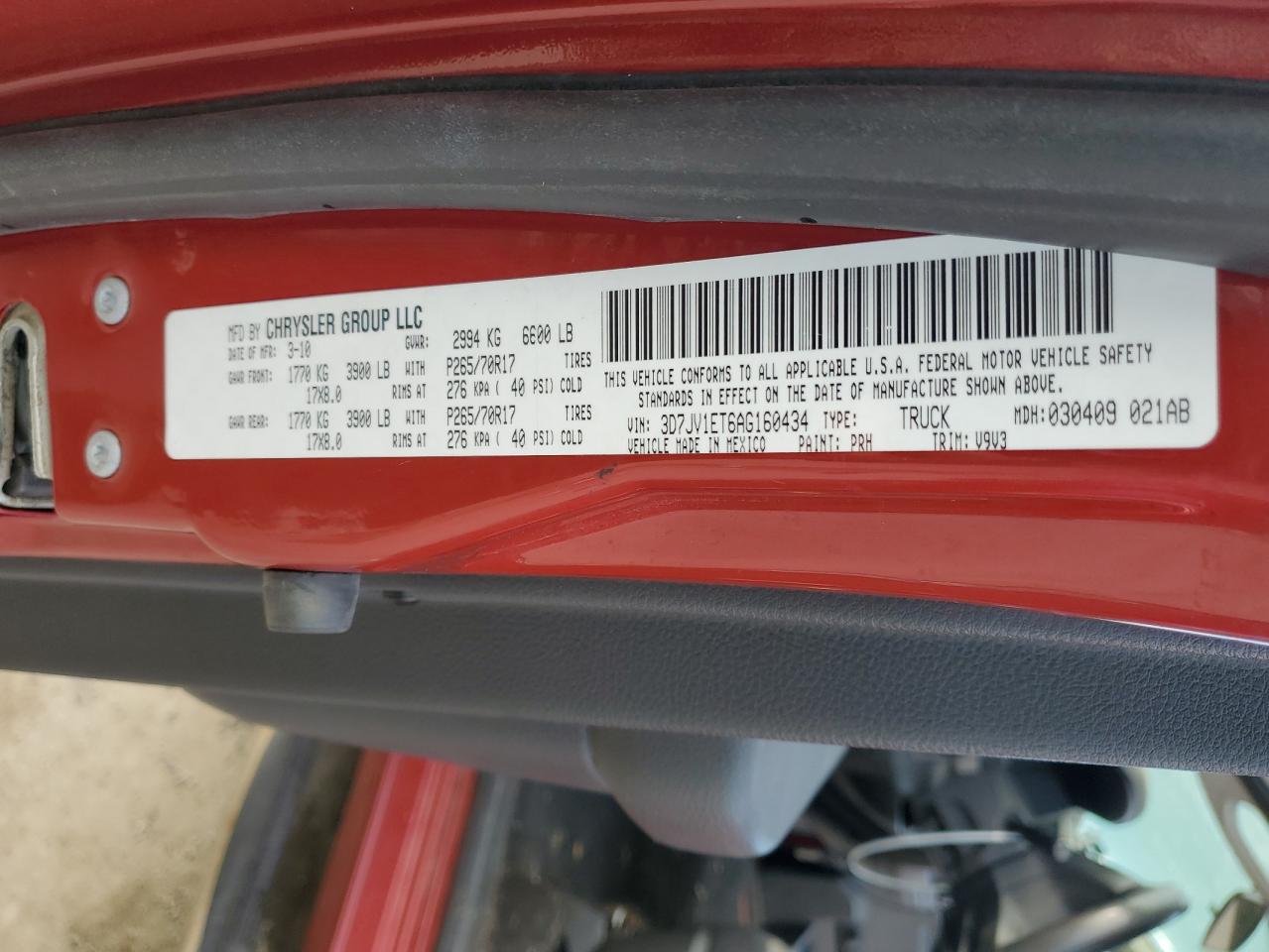 2010 Dodge Ram 1500 VIN: 3D7JV1ET6AG160434 Lot: 66854824