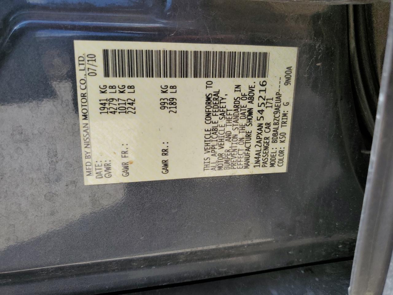 1N4AL2APXAN545216 2010 Nissan Altima Base