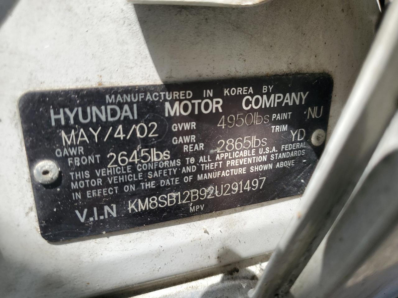 2002 Hyundai Santa Fe Gl VIN: KM8SB12B92U291497 Lot: 67403474