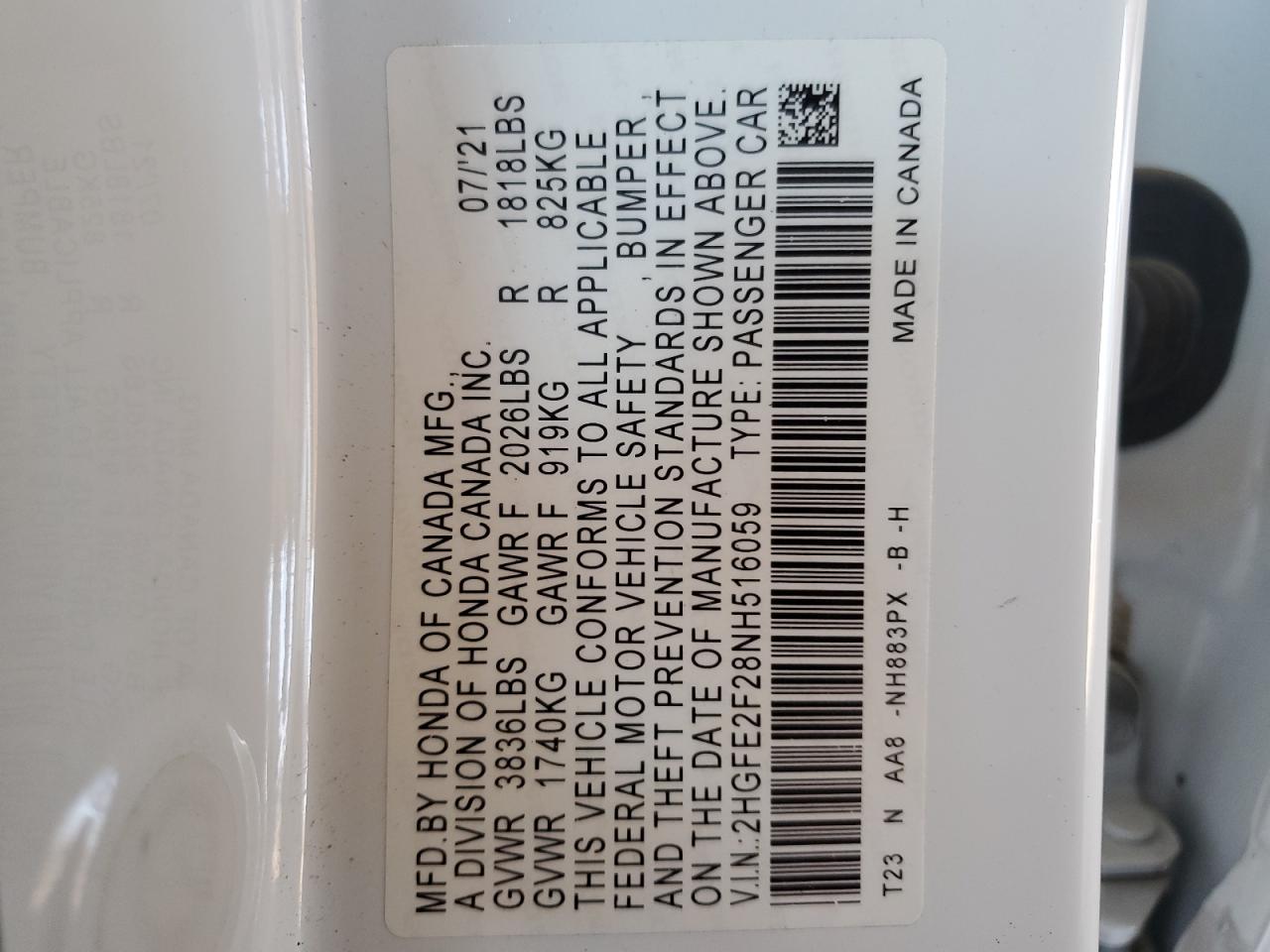 2HGFE2F28NH516059 2022 Honda Civic Lx