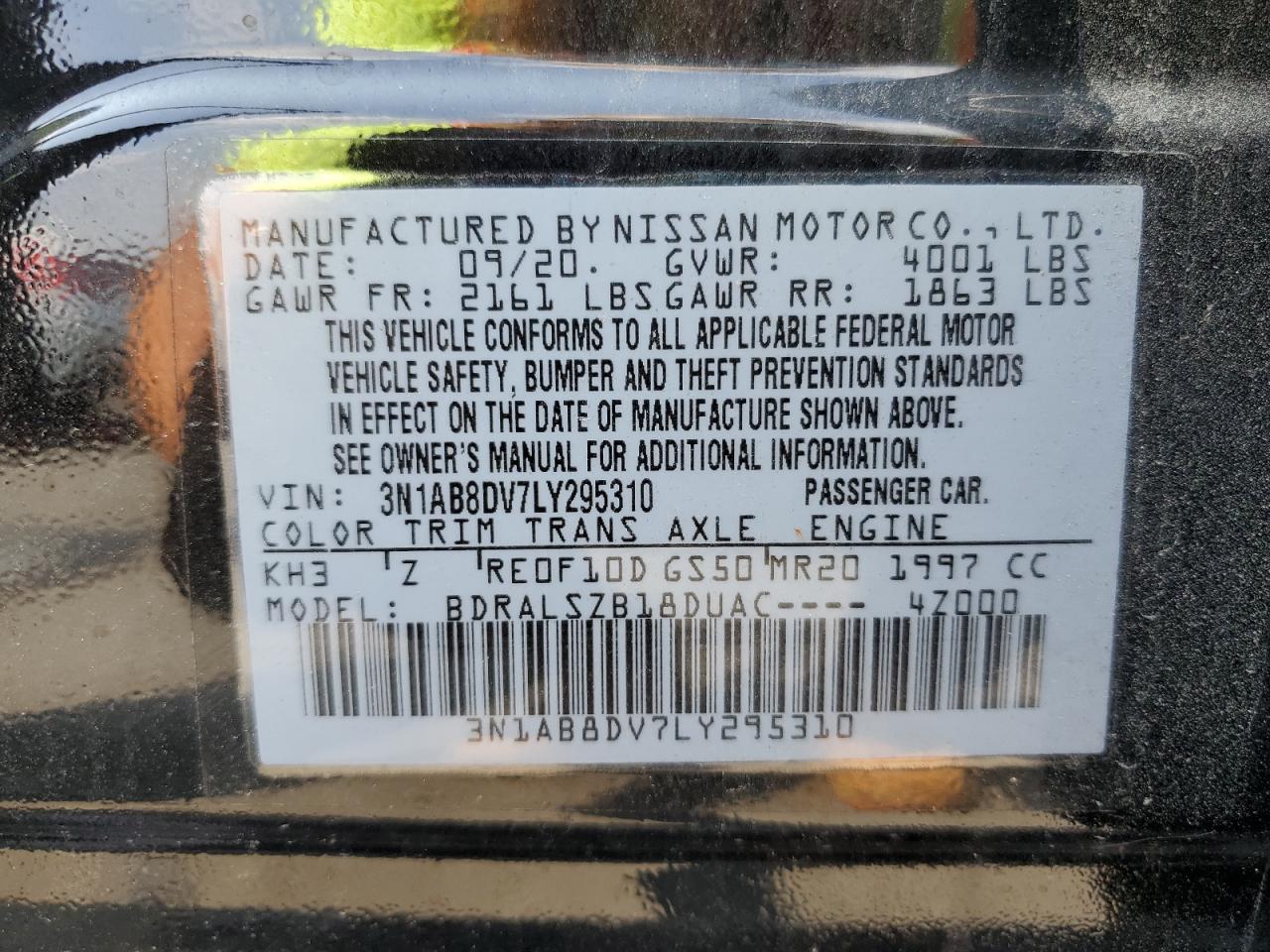 3N1AB8DV7LY295310 2020 Nissan Sentra Sr