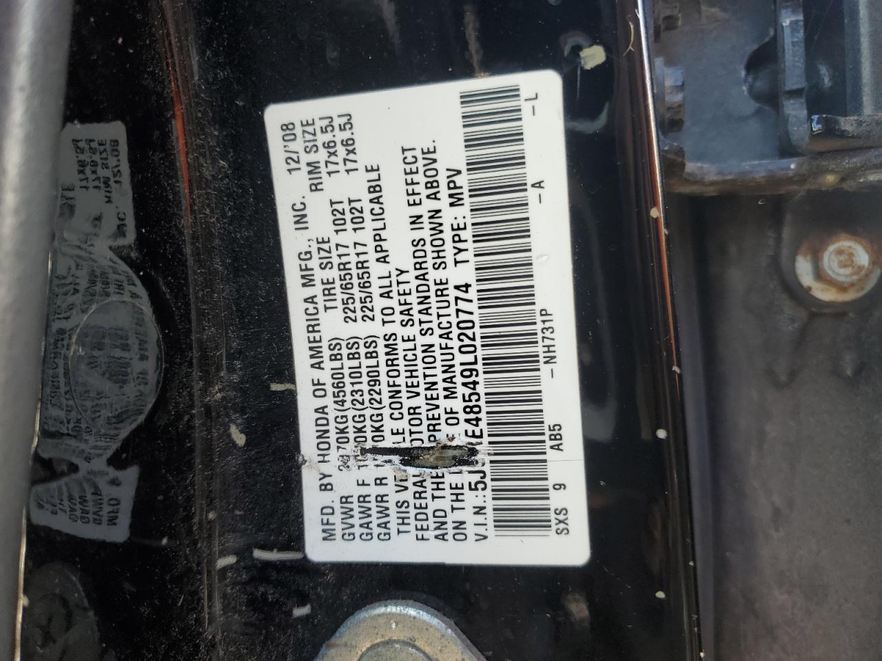 2009 Honda Cr-V Ex VIN: 5J6RE48549L020774 Lot: 68016914