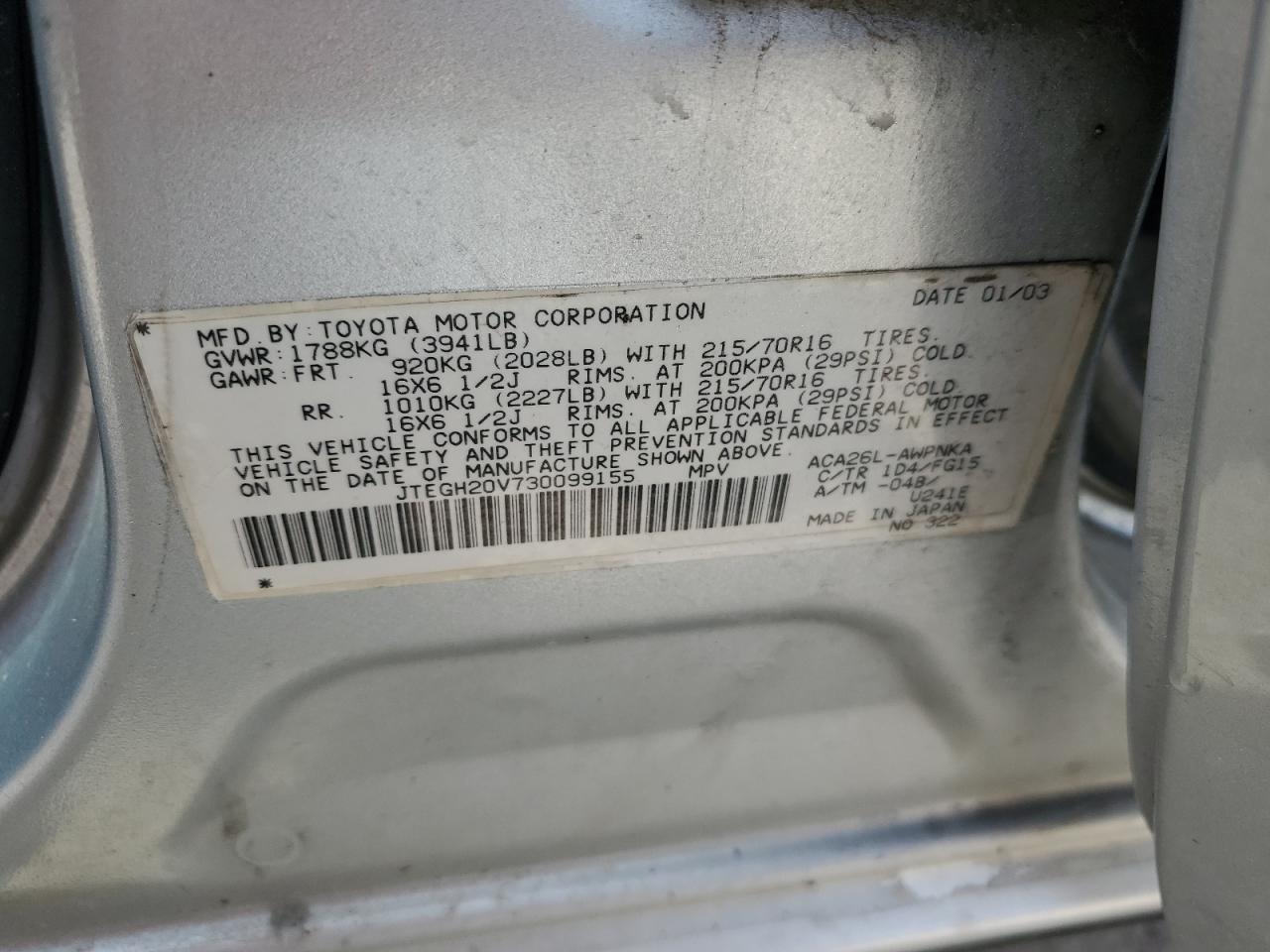 2003 Toyota Rav4 VIN: JTEGH20V730099155 Lot: 67479954