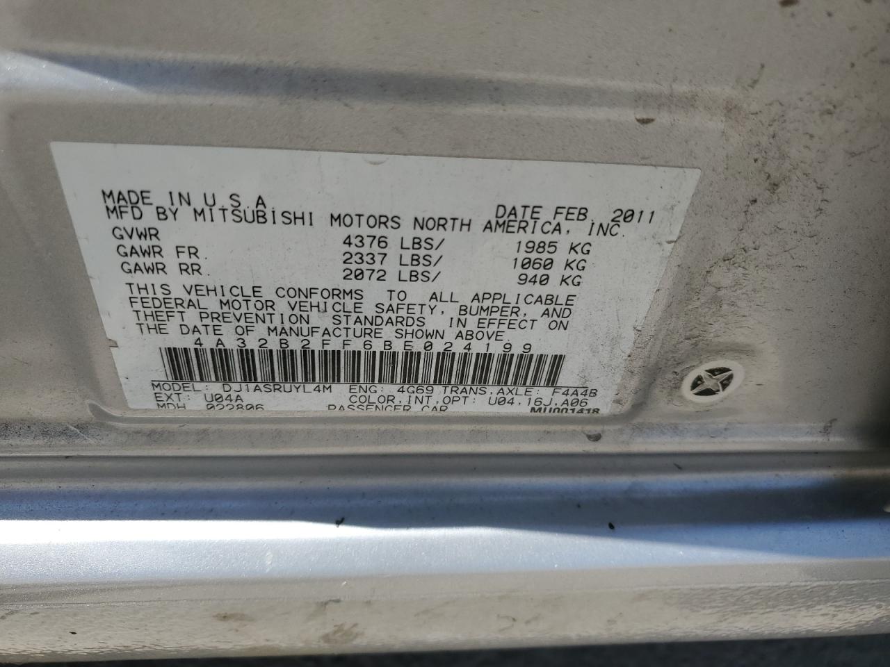 2011 Mitsubishi Galant Fe VIN: 4A32B2FF6BE024199 Lot: 68524814