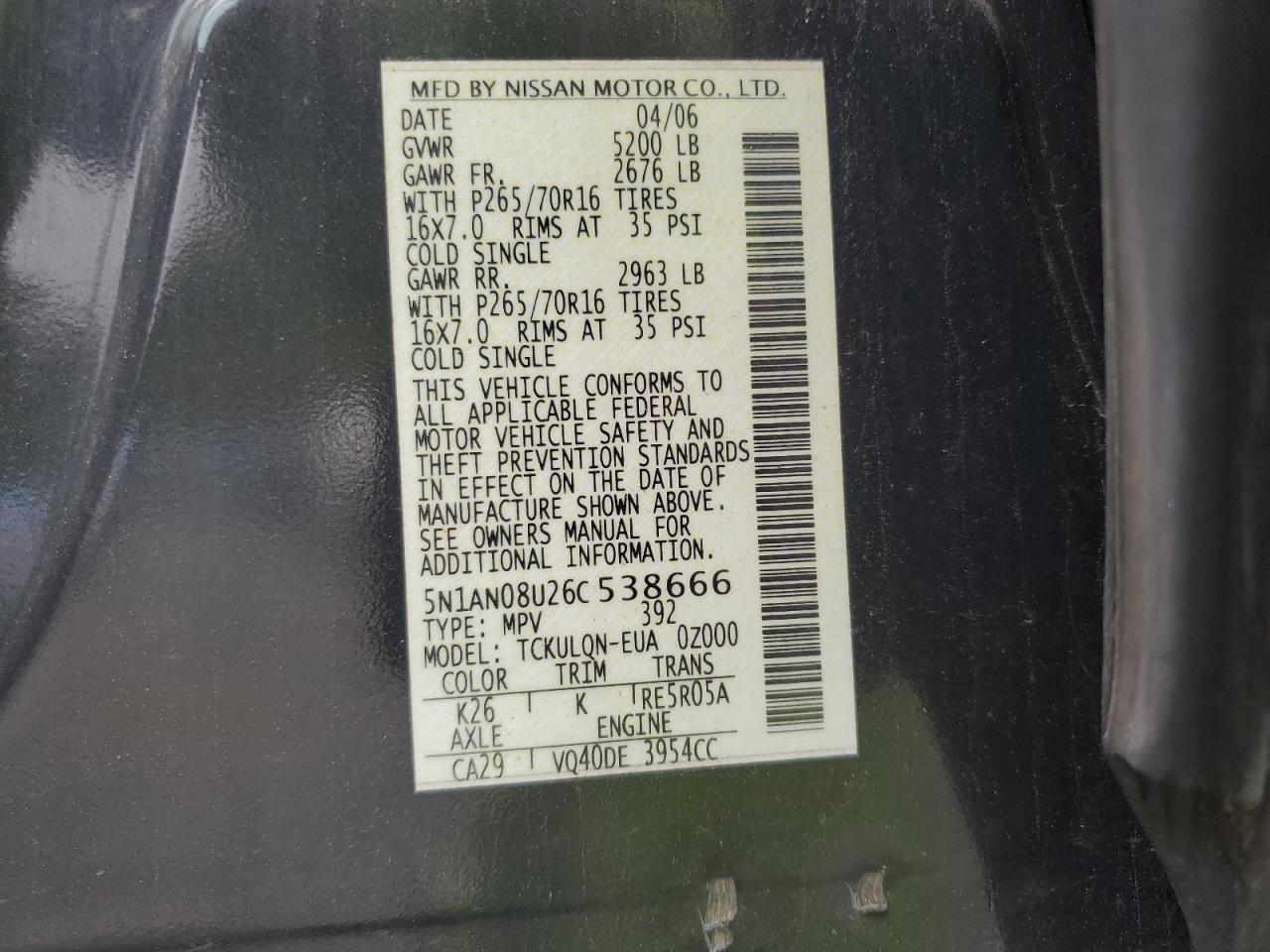 2006 Nissan Xterra Off Road VIN: 5N1AN08U26C538666 Lot: 66893174