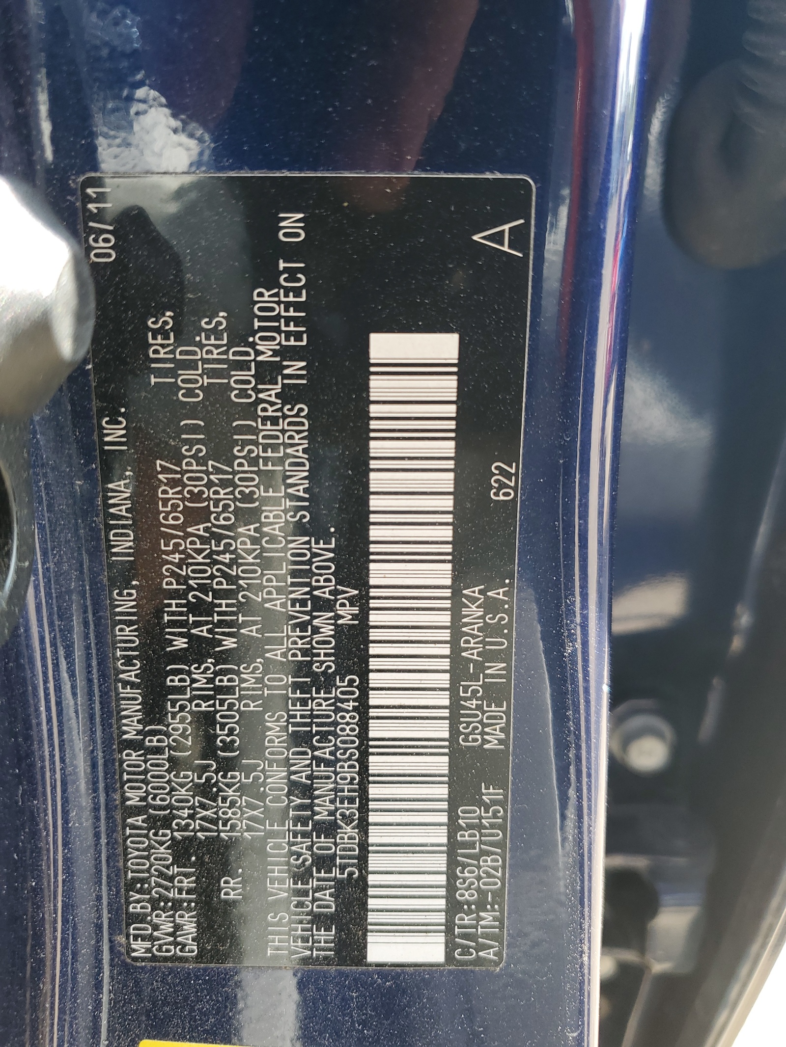 5TDBK3EH9BS088405 2011 Toyota Highlander Base