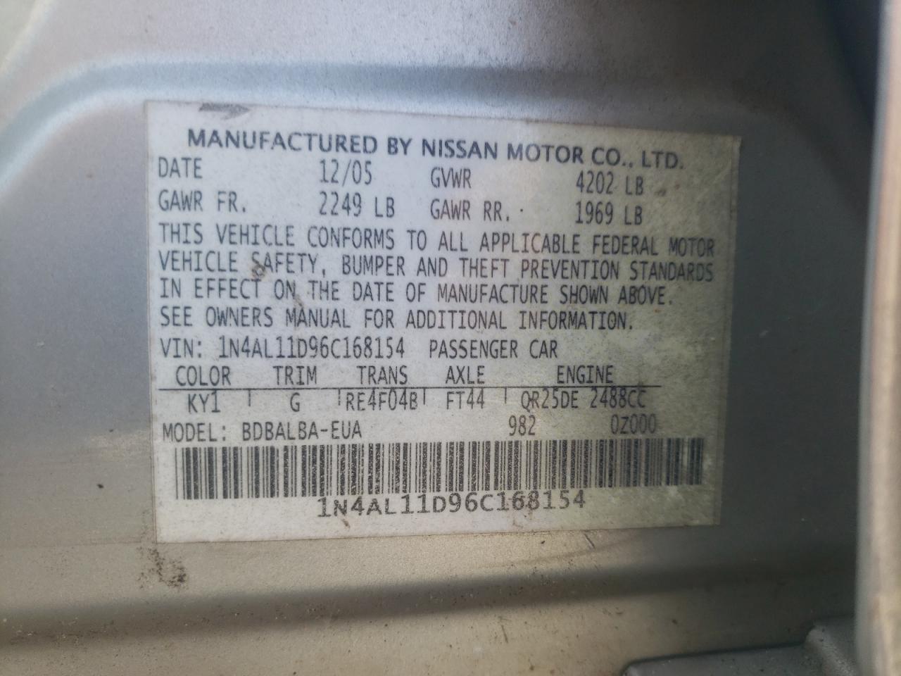 1N4AL11D96C168154 2006 Nissan Altima S