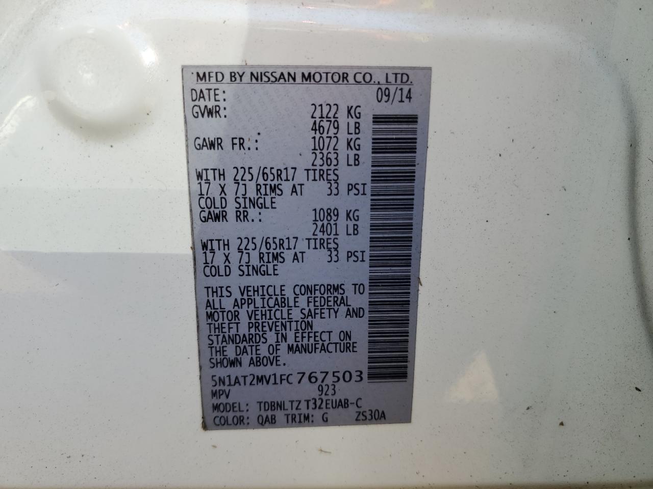 5N1AT2MV1FC767503 2015 Nissan Rogue S