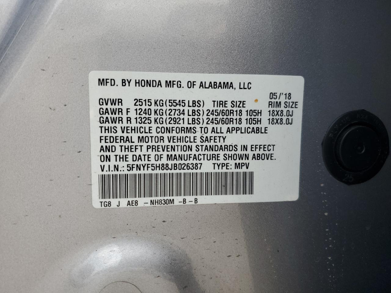 5FNYF5H88JB026387 2018 Honda Pilot Exl