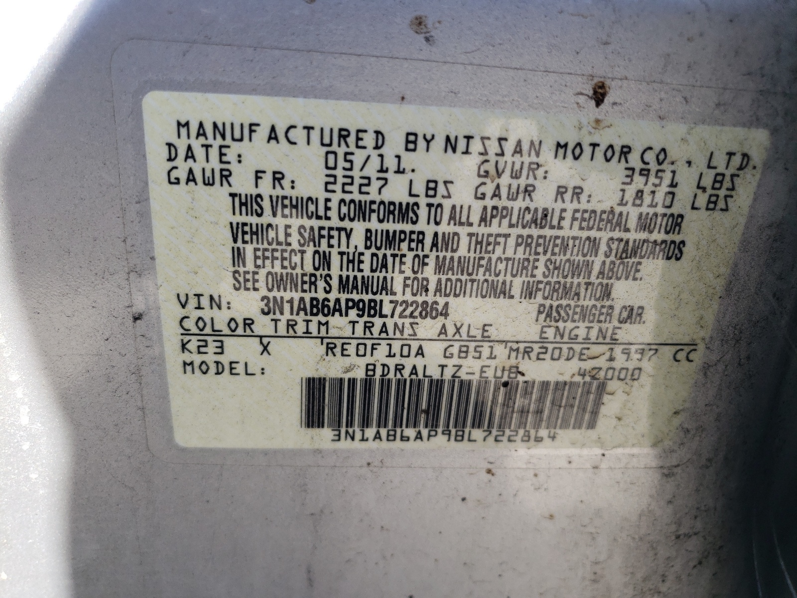 3N1AB6AP9BL722864 2011 Nissan Sentra 2.0