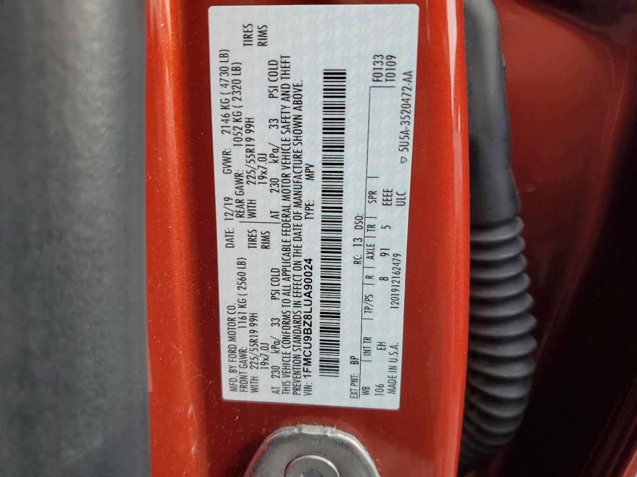 2020 Ford Escape Se Sport VIN: 1FMCU9BZ8LUA90024 Lot: 64988104