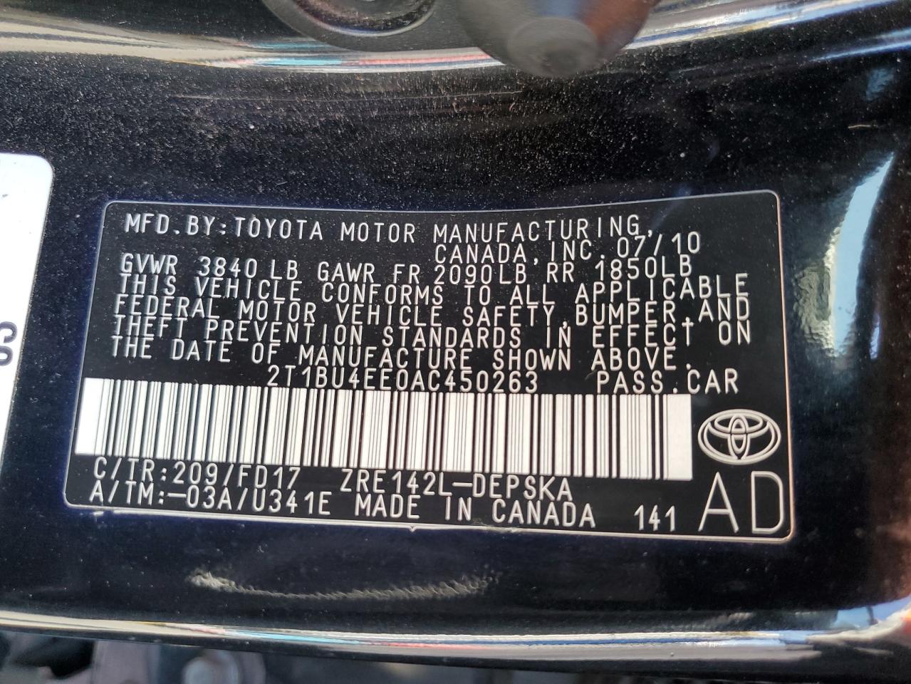 2T1BU4EE0AC450263 2010 Toyota Corolla Base