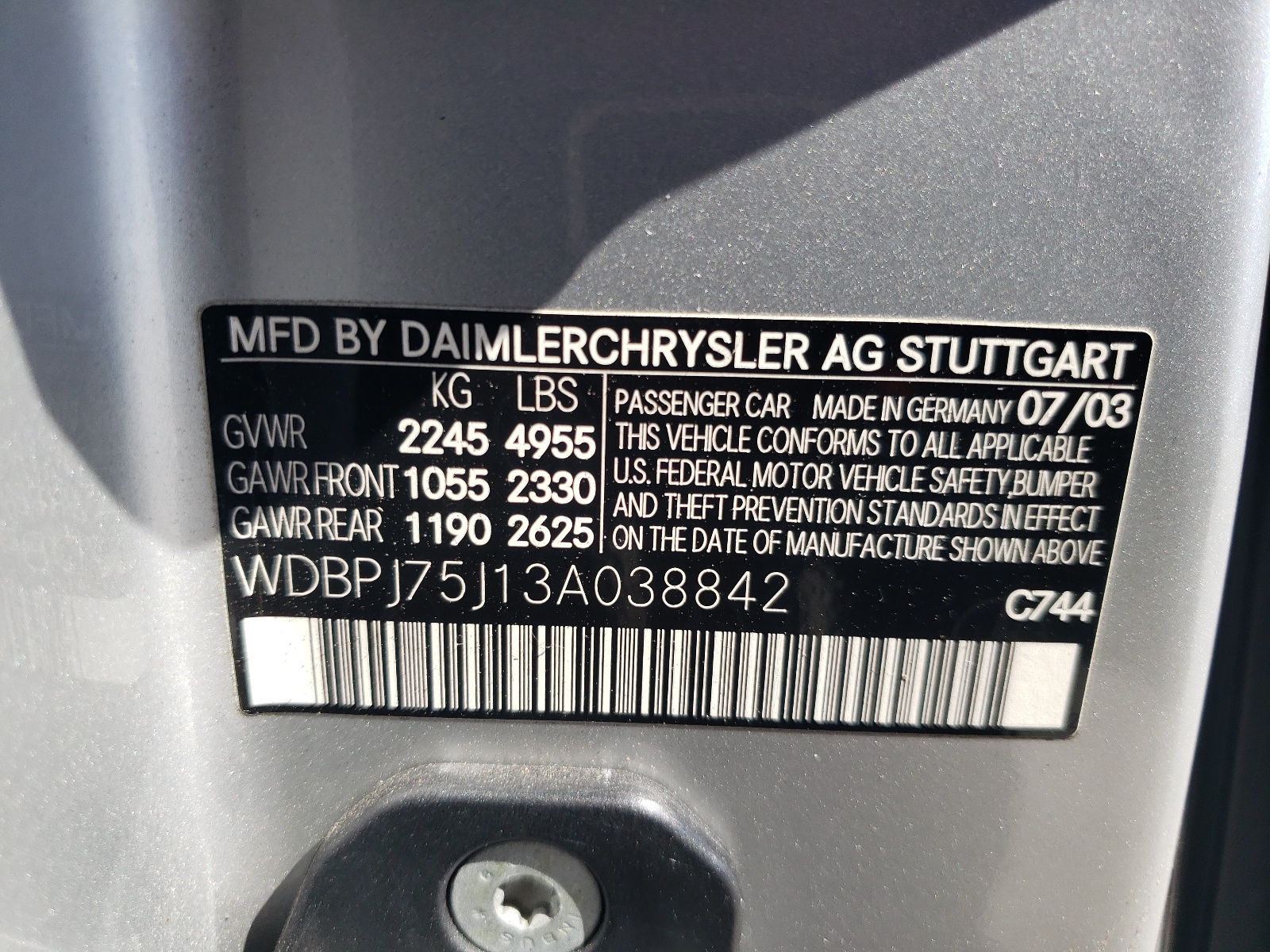 WDBPJ75J13A038842 2003 Mercedes-Benz Cl 500