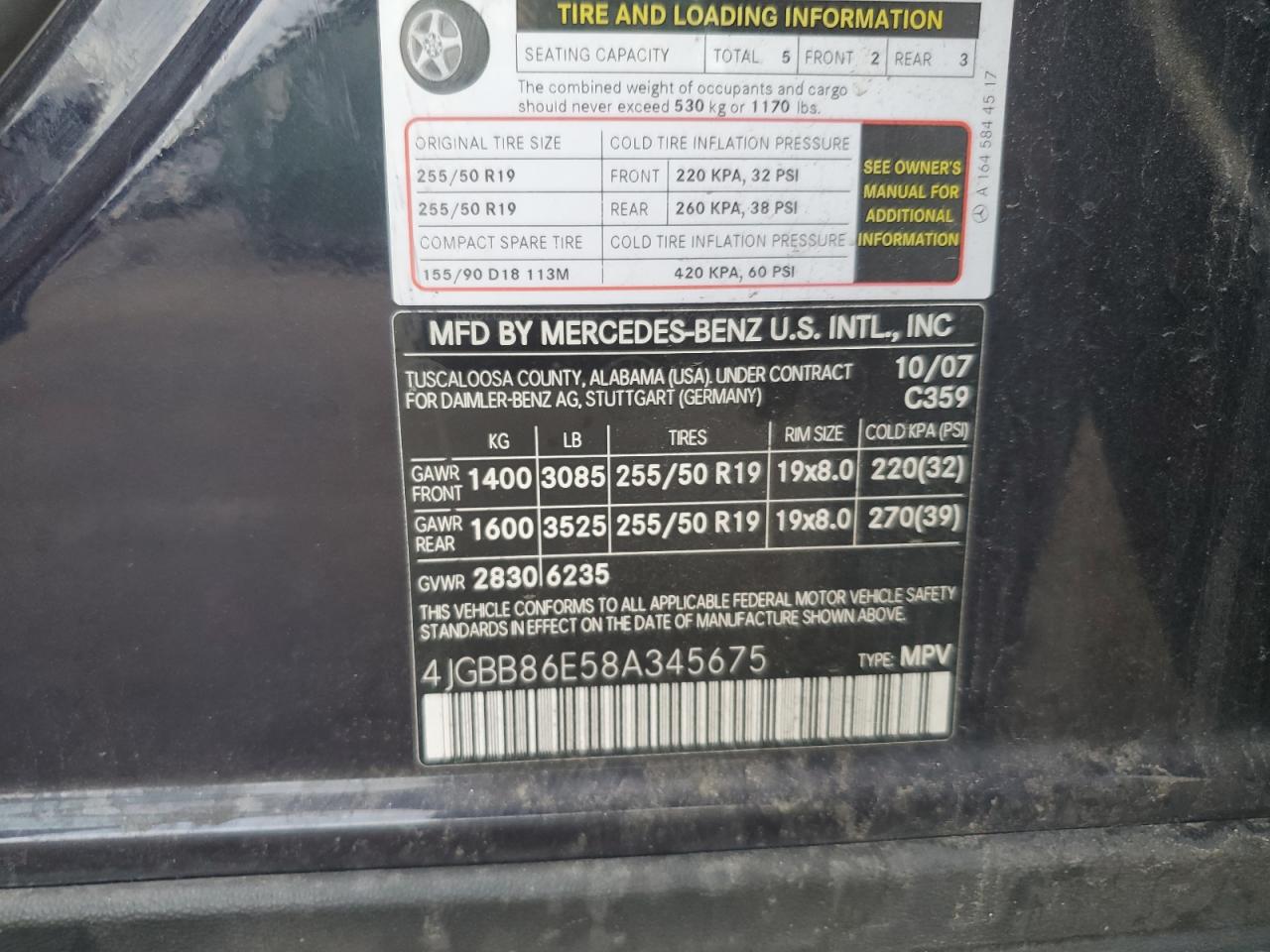 4JGBB86E58A345675 2008 Mercedes-Benz Ml 350